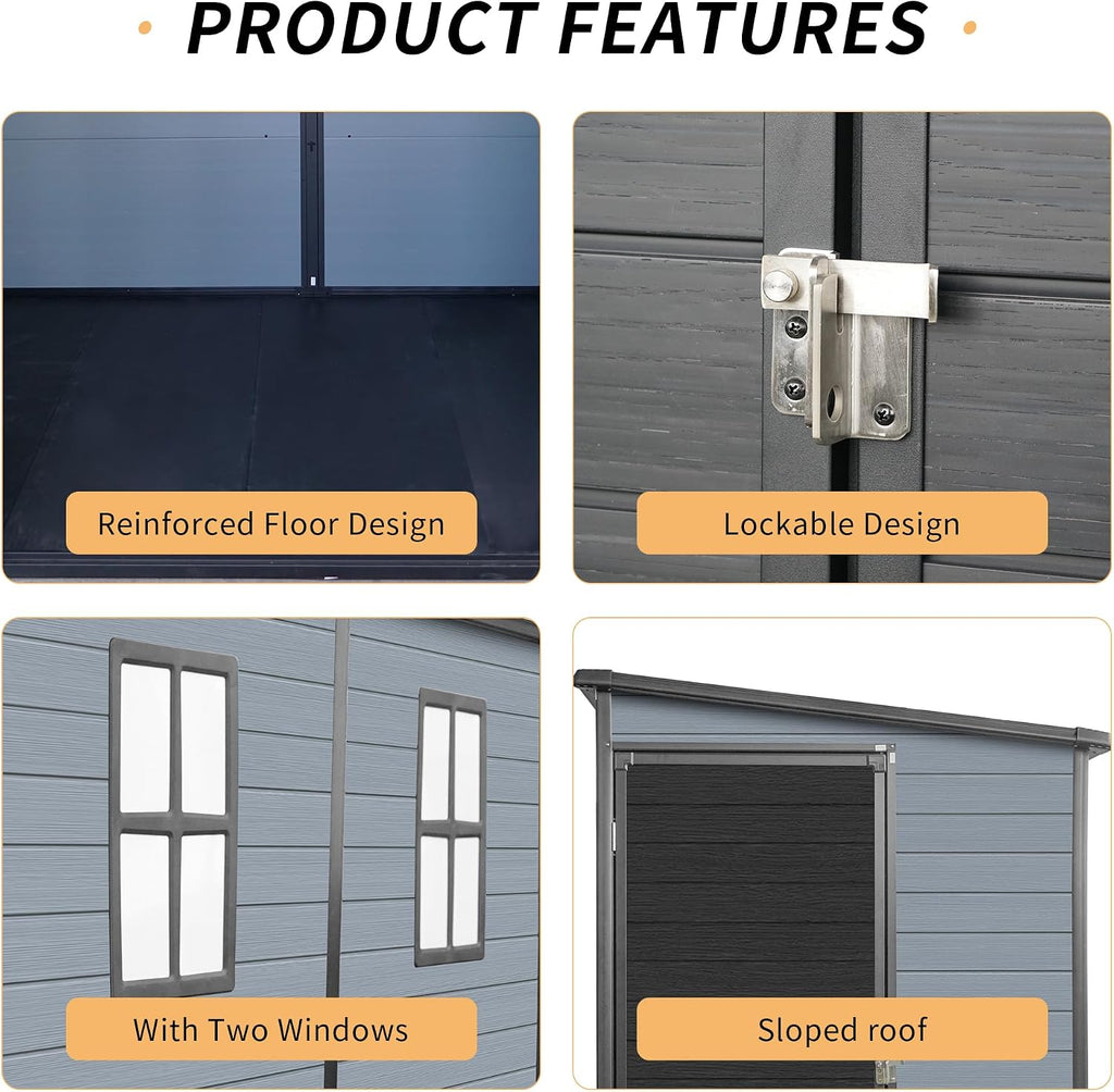 4x8ft Resin Shed with Floor Included, Outdoor Storage Lean to Shed with 2 Windows and Lockable Door, Garden Sheds for Tools, Bike, Gray and Black