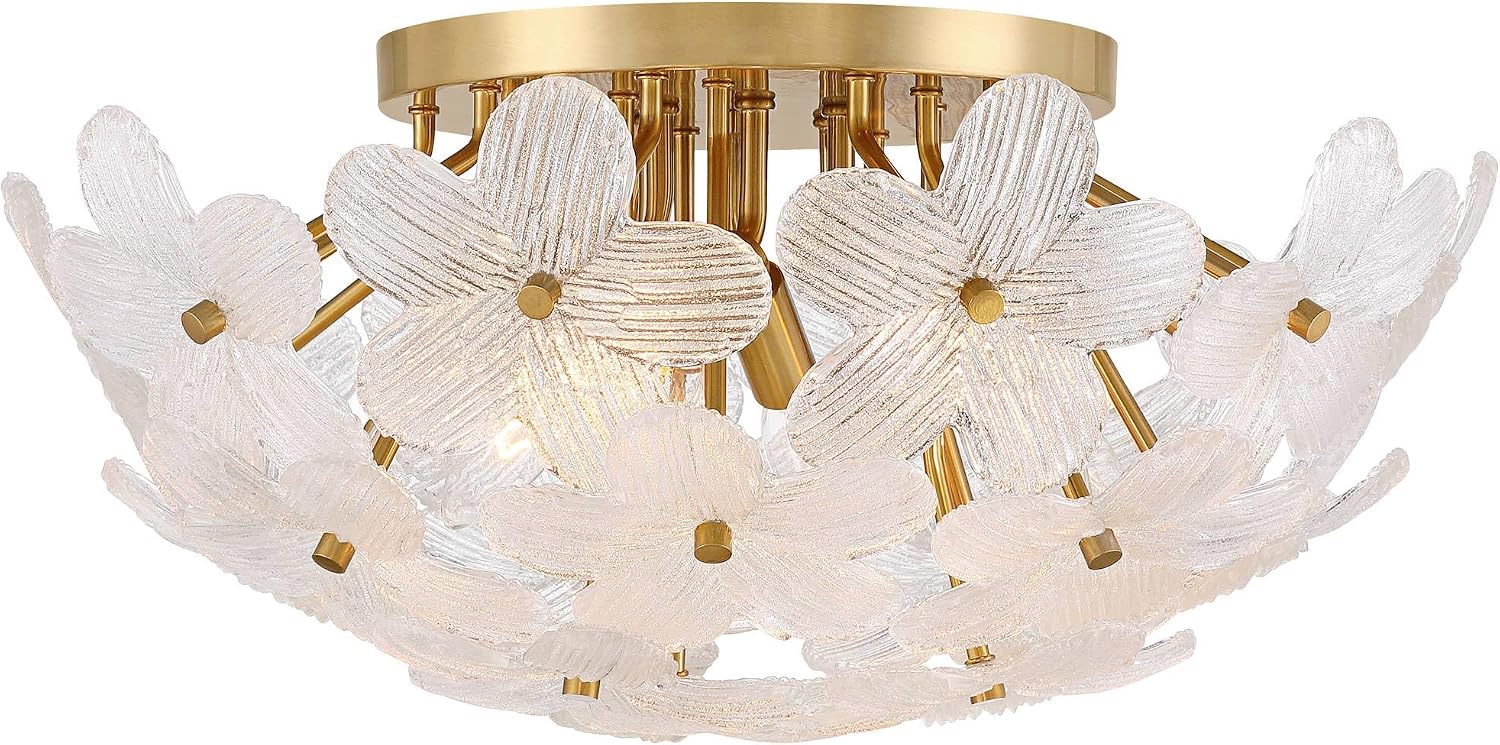 Possini Euro Design Filoli 20' Modern Semi Flush-Mount Ceiling Light Fixture Kitchen Foyer Hallway Flower Unique Gold Finish Glass Metal Bedroom Bathroom Entryway Living Room Indoor Office Small
