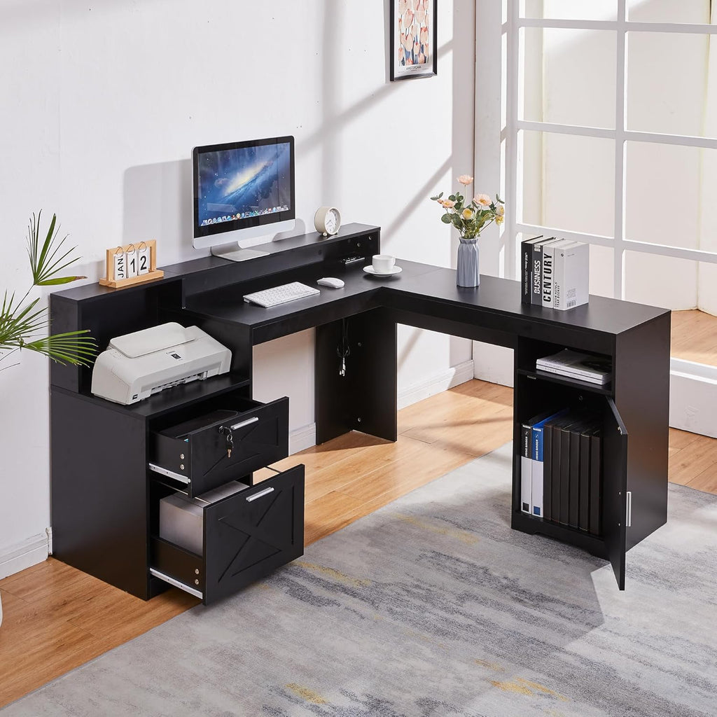 60' L Shaped Executive Desk with Printer Space,Corner Computer Desk with Power Outlets,Lockable Drawers & Adjustable File Cabnet,L Shaped Office Desk with Monitor Stand (Black)