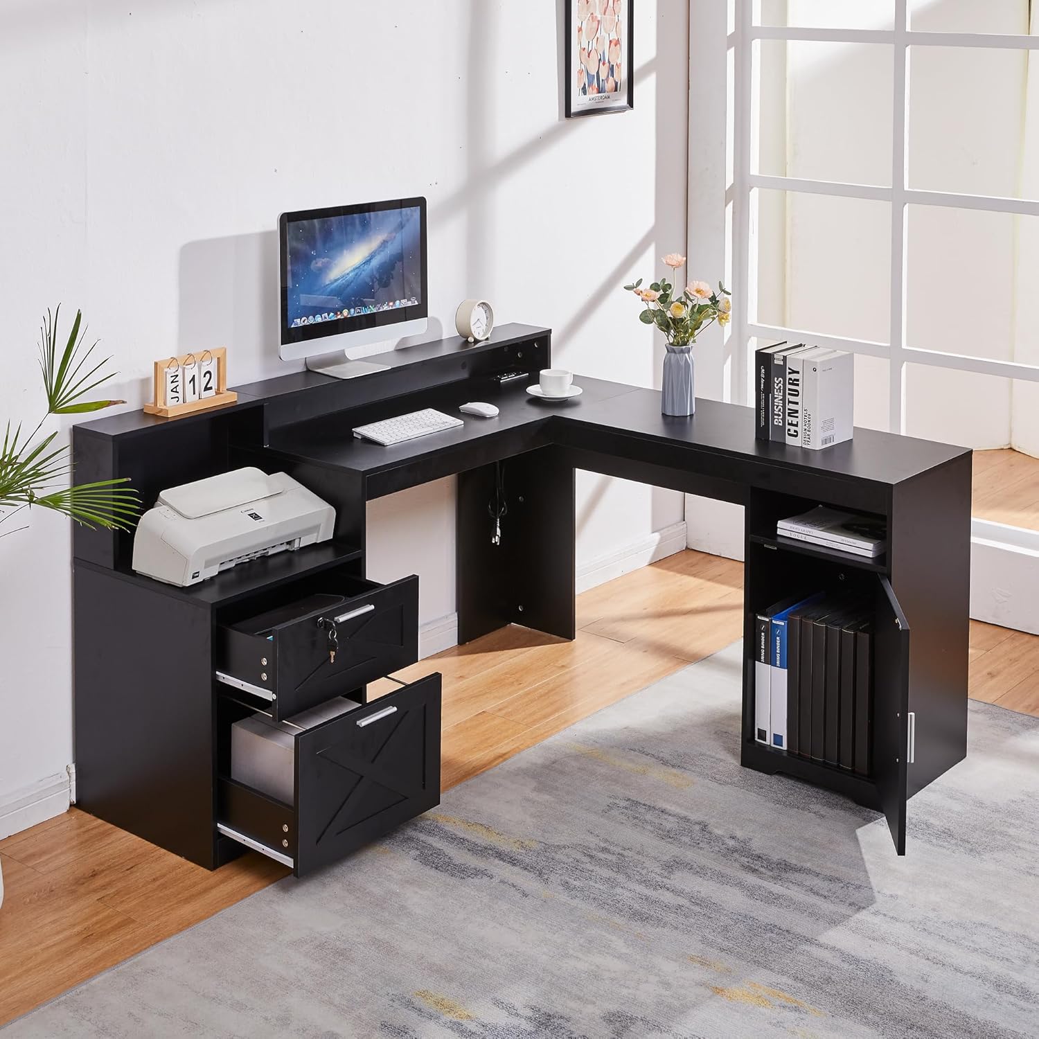 60' L Shaped Executive Desk with Printer Space,Corner Computer Desk with Power Outlets,Lockable Drawers & Adjustable File Cabnet,L Shaped Office Desk with Monitor Stand (Black)