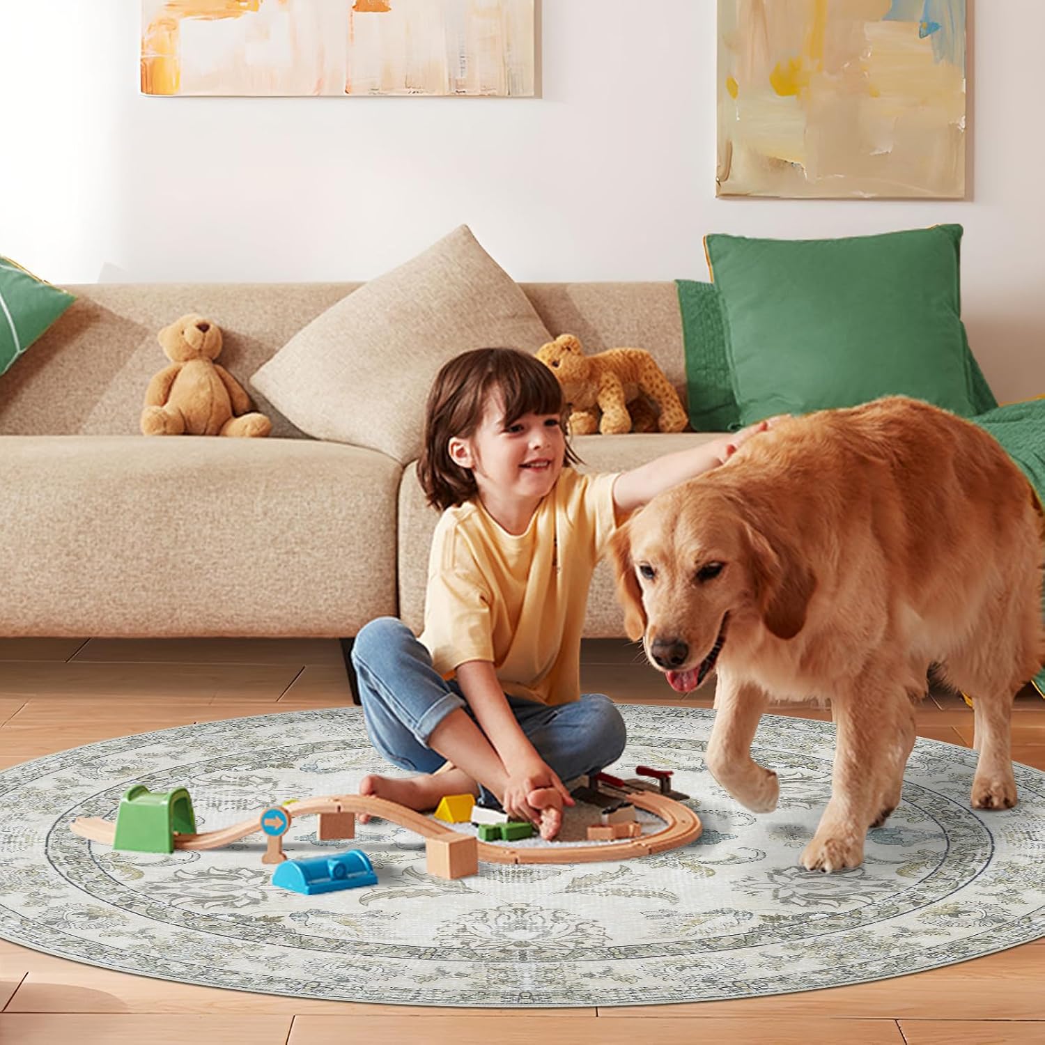Round 8Ft Washable Area Rug,Vintage Floral Low Pile Non Slip Carpet Non-Shedding Rug Soft Stain Resistant Mat for Living Room Bedroom Beige and Sage Green