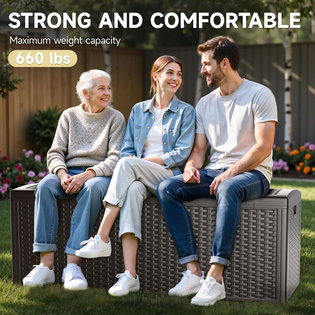 150 Gallon Deck Box, Double Layer Waterproof Resin, Lockable & UV Resistant Storage Box for Patio, Garden, Pool, Brown