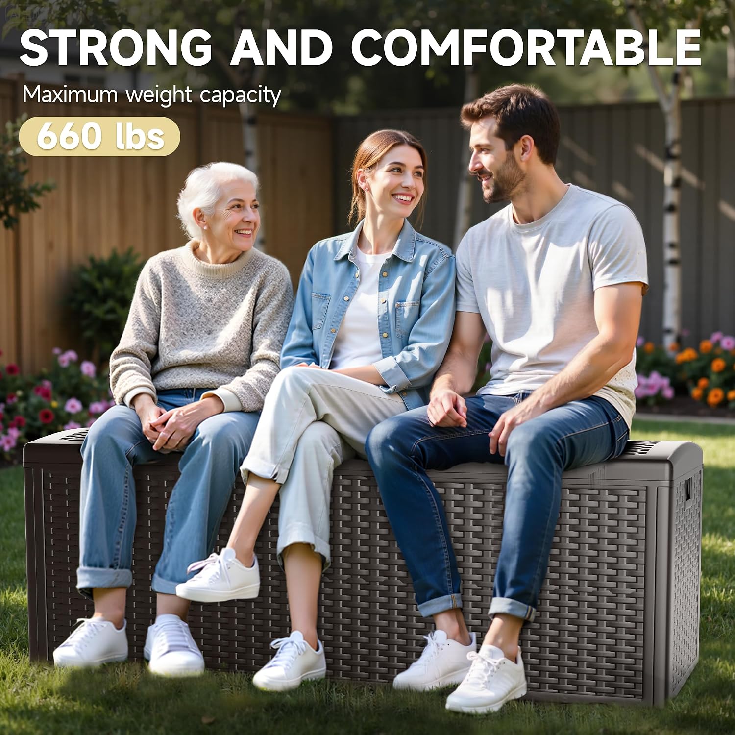 150 Gallon Deck Box, Double Layer Waterproof Resin, Lockable & UV Resistant Storage Box for Patio, Garden, Pool, Brown