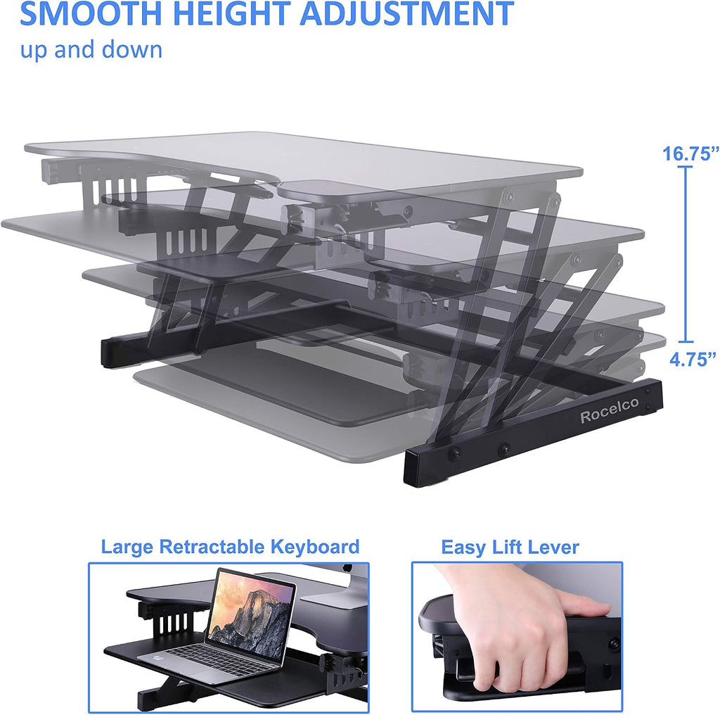 Rocelco 32' Height Adjustable Standing Desk Converter with Anti Fatigue Mat BUNDLE - Sit Stand Up Dual Monitor Riser - Computer Workstation - Large Retractable Keyboard Tray - Black (R ADRB-MAFM)