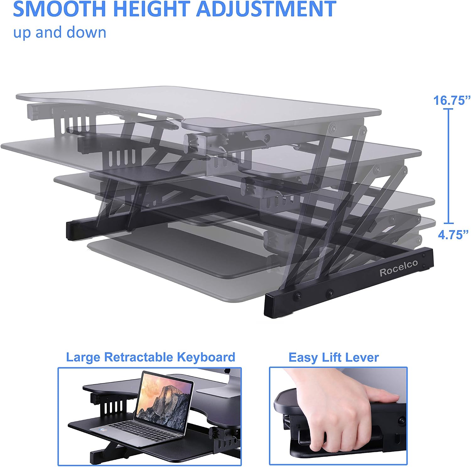Rocelco 32' Height Adjustable Standing Desk Converter with Anti Fatigue Mat BUNDLE - Sit Stand Up Dual Monitor Riser - Computer Workstation - Large Retractable Keyboard Tray - Black (R ADRB-MAFM)