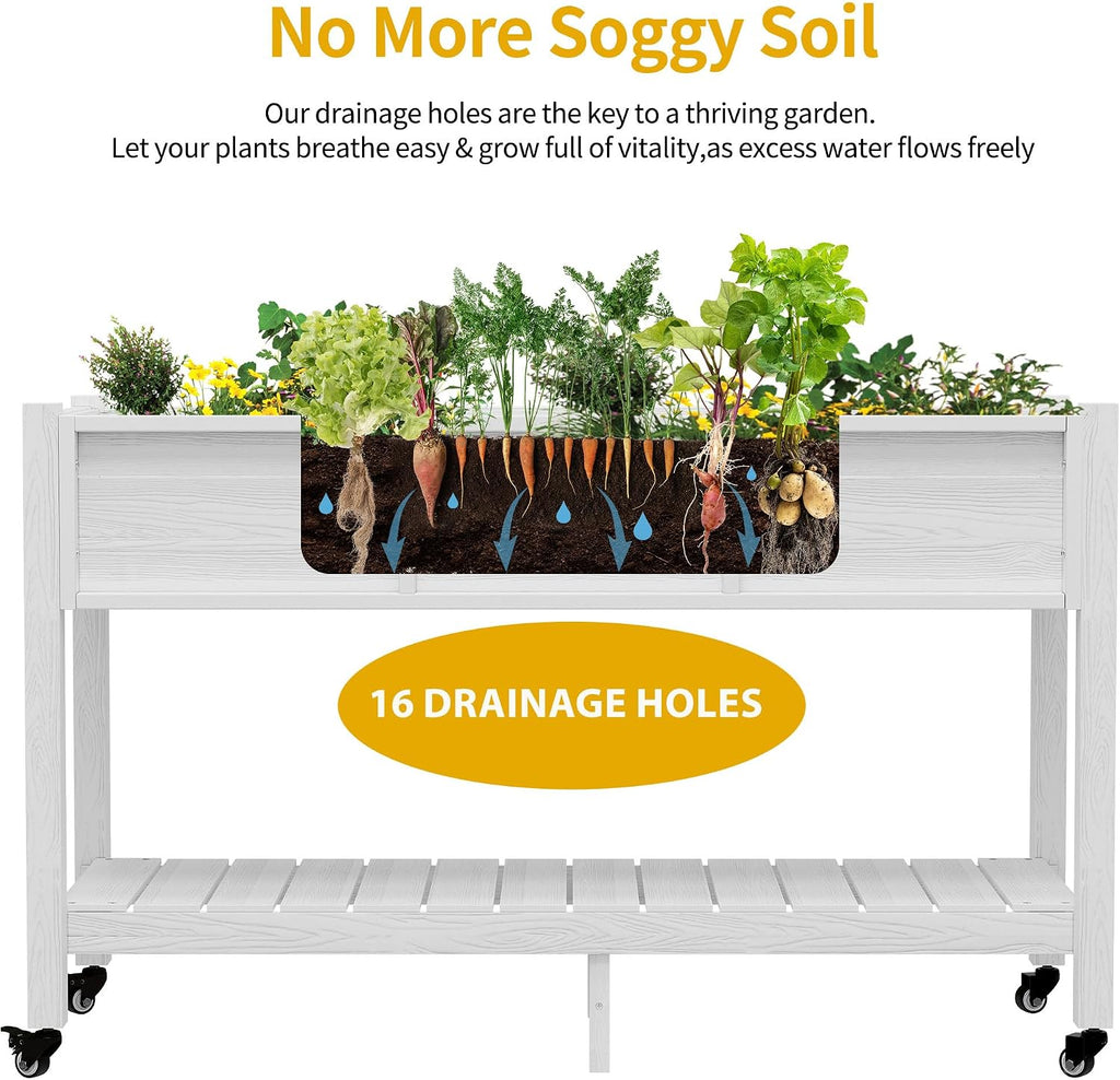 DWVO 47x18x3in Raised Garden Bed HDPE Outdoor with Legs and Lockable Wheels, Weather-Resistant Poly-Wood Elevated Planter Box, Double Tier Planters for Backyard Patio Balcony, White