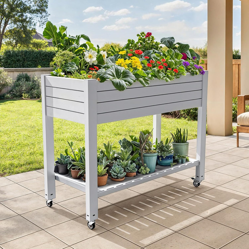 DWVO Raised Garden Bed Kit, 3.6 x 1.5 x 2.8 FT Outdoor Plastic Planter Box with Wheels and Legs, Garden Box with Drain Plug & Storage Shelf for Planting Vegetables, Flowers, and Herbs, Grayish-White