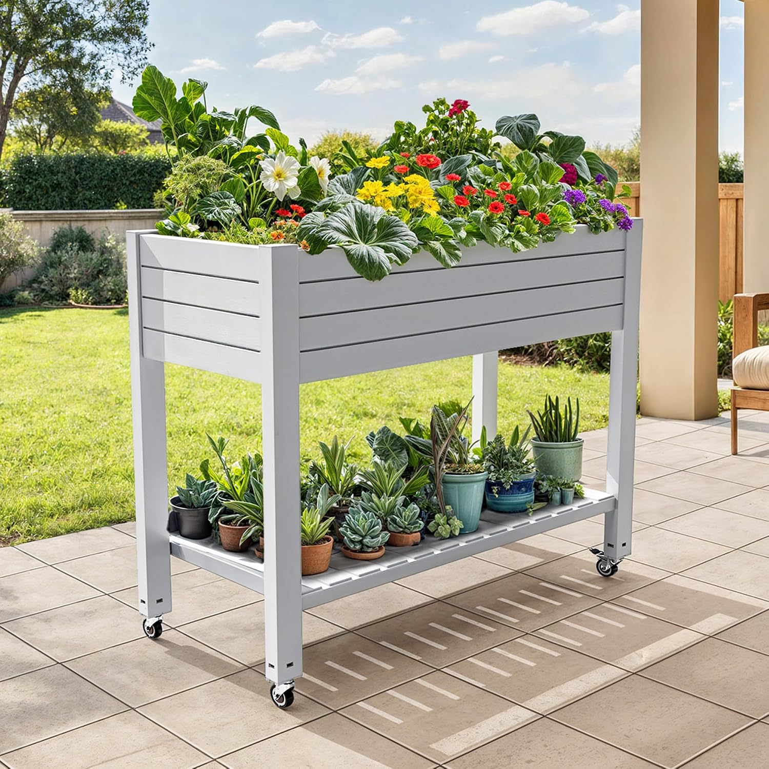 DWVO Raised Garden Bed Kit, 3.6 x 1.5 x 2.8 FT Outdoor Plastic Planter Box with Wheels and Legs, Garden Box with Drain Plug & Storage Shelf for Planting Vegetables, Flowers, and Herbs, Grayish-White