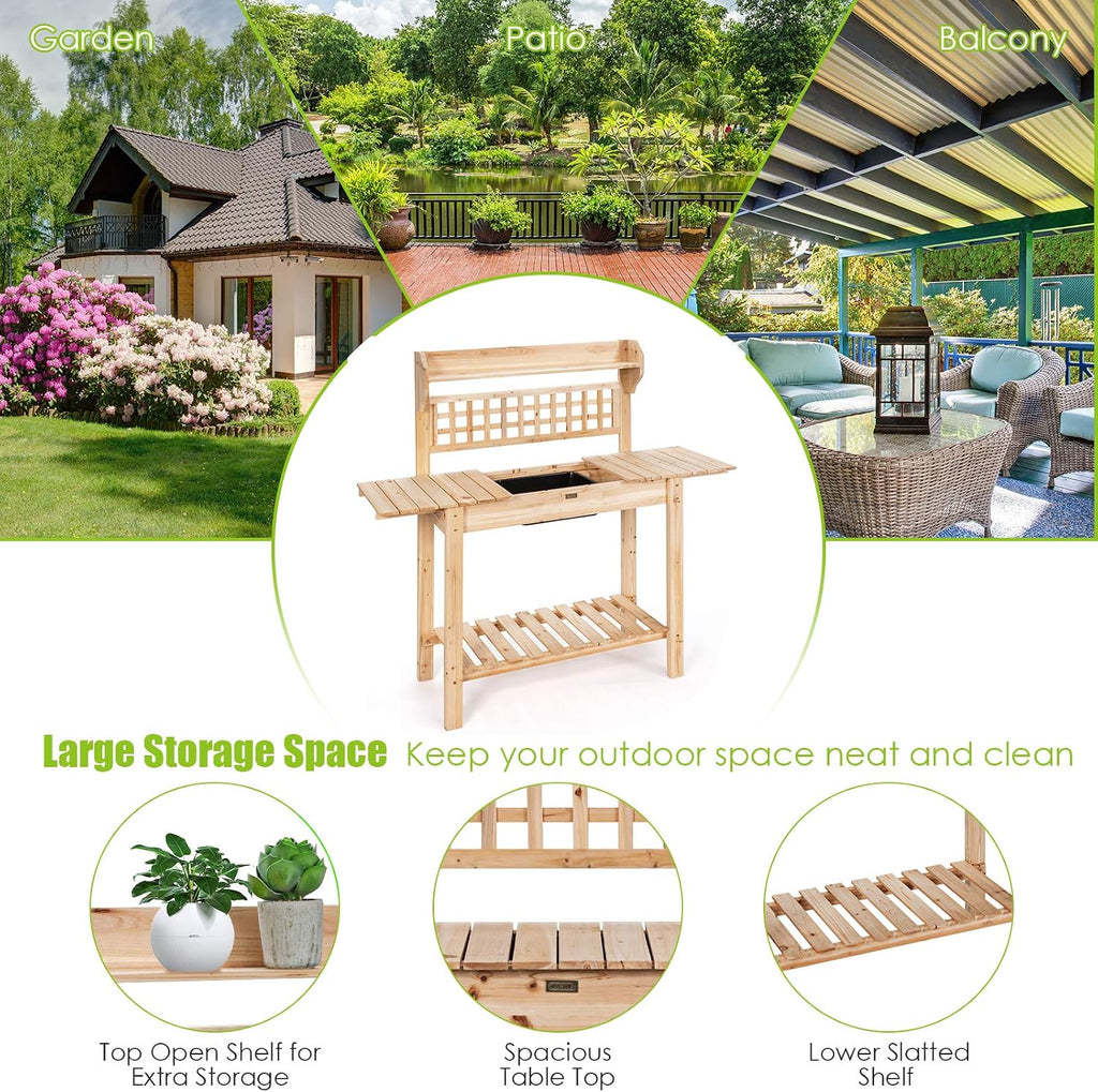 Giantex Garden Potting Bench, Outdoor Wood Work Table w/Sliding Tabletop, Planter Bench Work Station w/Removable Sink & Storage Shelves for Backyard Patio Balcony, Natural