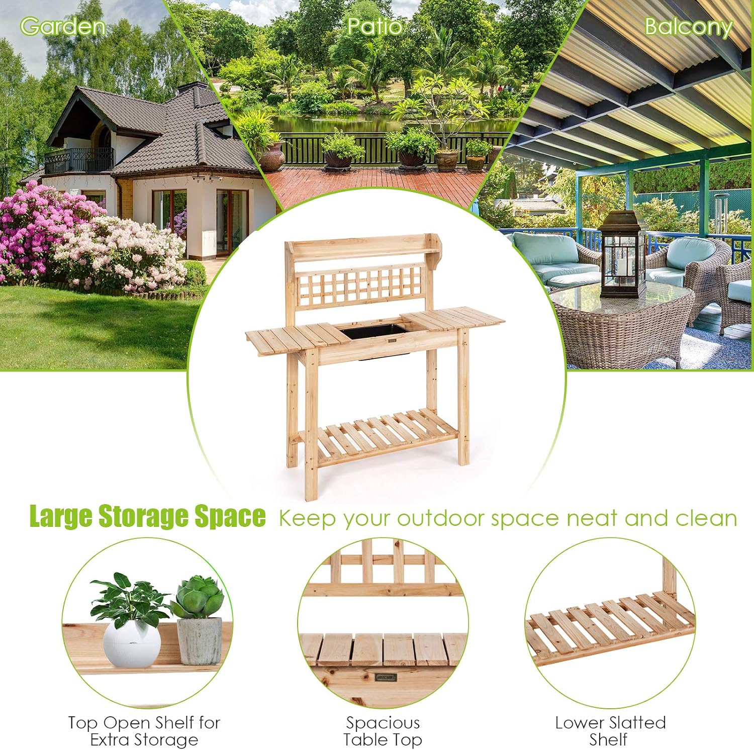Giantex Garden Potting Bench, Outdoor Wood Work Table w/Sliding Tabletop, Planter Bench Work Station w/Removable Sink & Storage Shelves for Backyard Patio Balcony, Natural