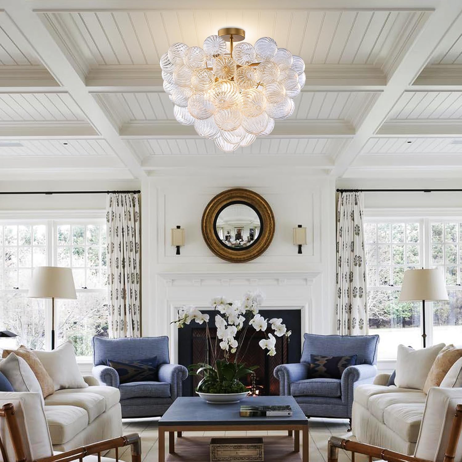 Longree Bubble Ball Semi Flush Ceiling Light Fixtures, Dia 20 inch Gold and Clear Blown Glass Small Swirled Glass Chandelier for Bedroom Study Bathroom Dining Room