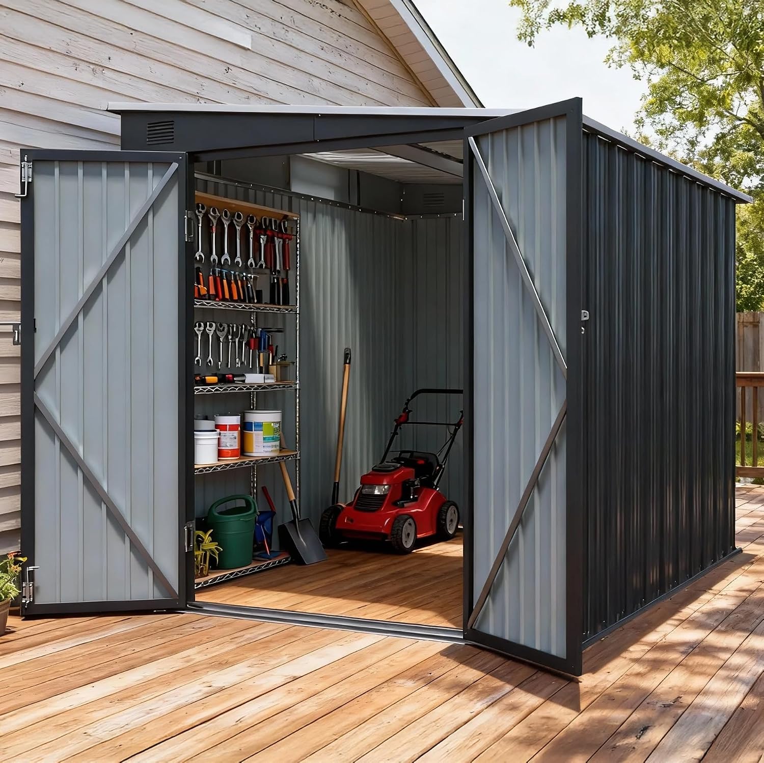 6x8 FT Metal Shed with Skylight, Lean to Garden Shed with Lockable Double Doors for Garden Tools, Lawn Mower, Motorcycle, Outside Storage Shed Waterproof for Backyard, Patio