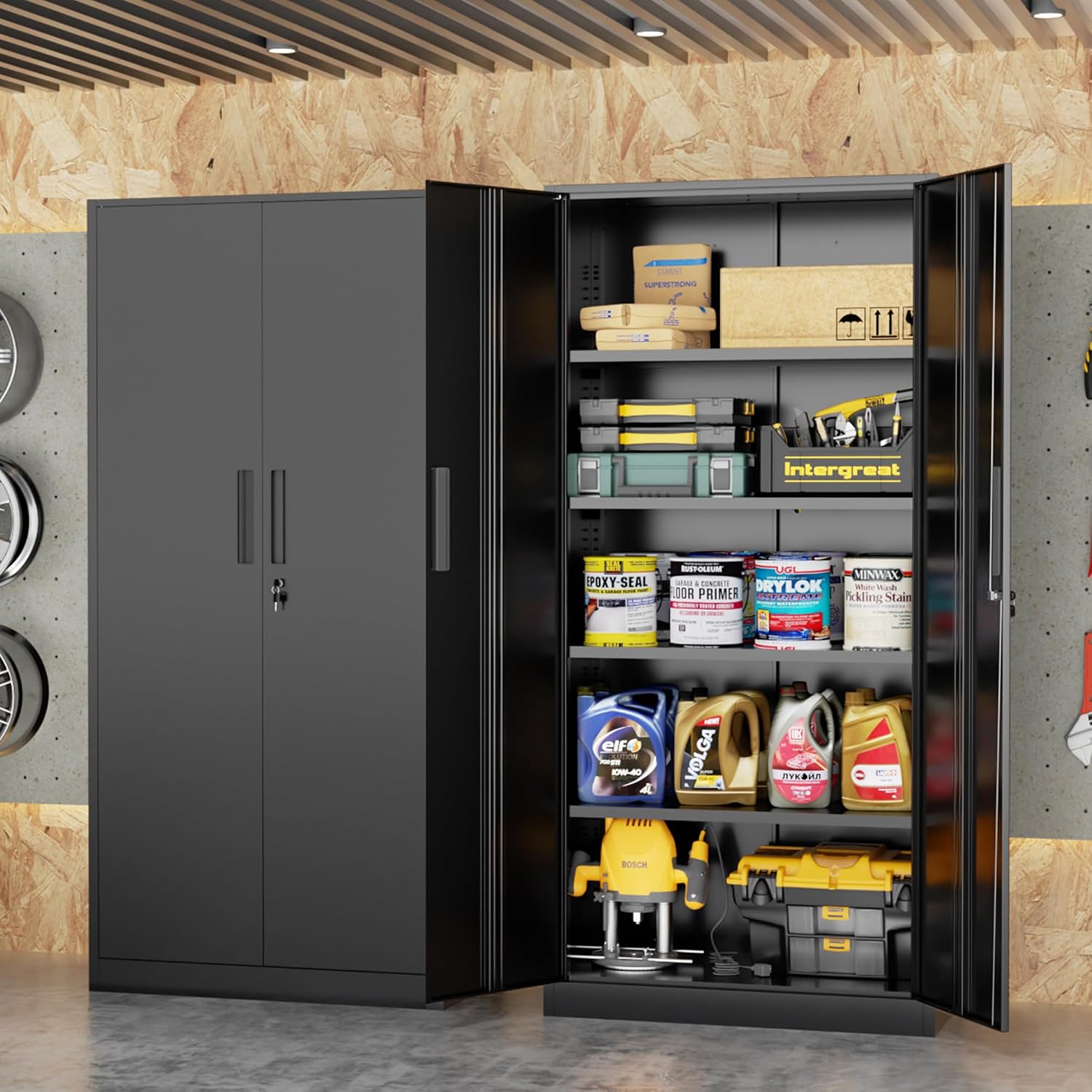 Bonusall 72' Storage Cabinet,2 Locking Doors & 4 Adjustable Shelves,Tall Cabinets,Heavy Duty Steel Cabinet for Home, Office, Warehouse, School (Black)