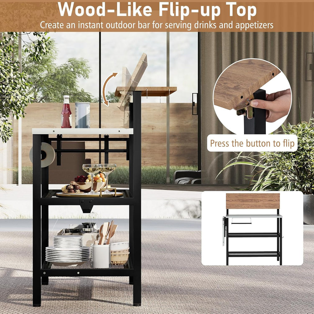 Giantex Outdoor Bar Table with Flip-Up Top & Foldable Side Table, 4-Tier Grill Stand with Storage Shelves, Hooks, Paper Towel Holder, Patio Kitchen Island Food Prep Cooking Station
