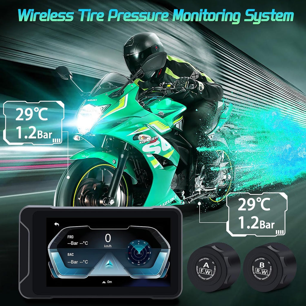 Geloo Motorcycle Dash Camera Support Wireless Apple Carplay & Android Auto, 1080P Lens Motor Dash Cam Front and Rear with TPMS, GPS, WiFi, Wireless 5'' IPS Touch Screen Motorcycle DVR