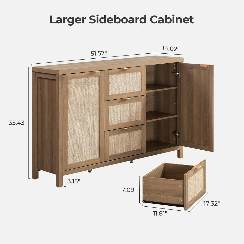 SICOTAS Rattan Sideboard Buffet Cabinet with Storage - 52' Larger Farmhouse Credenza Storage Coffee Bar Cabinet with 3 Drawers & 2 Doors, Boho Console Table for Living Room, Kitchen, Caramel Oak