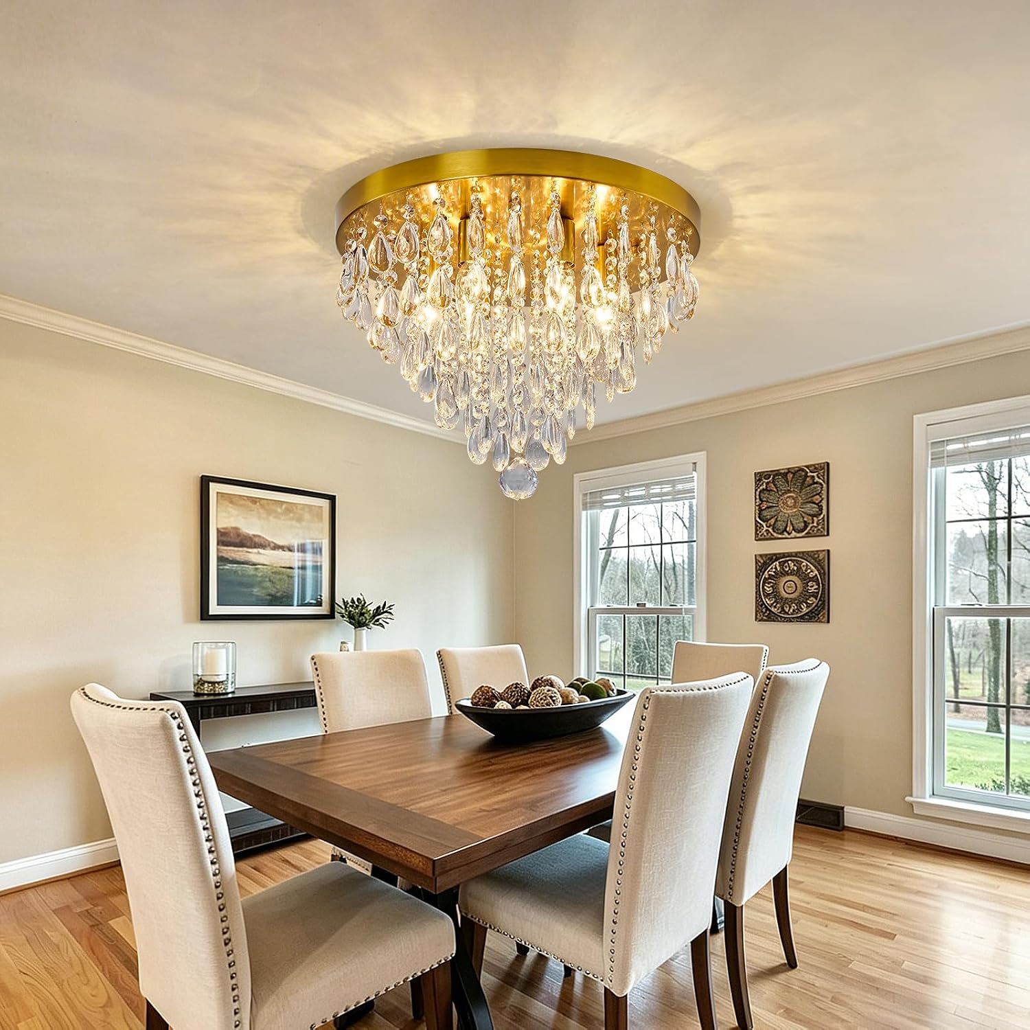 YYJLX Modern Crustal Ceiling Light Fixture Large Flush Mount Ceiling Light 6 Light Ceiling Chandelier for Bedroom Foyer Living Room Dining Room Kitchen.
