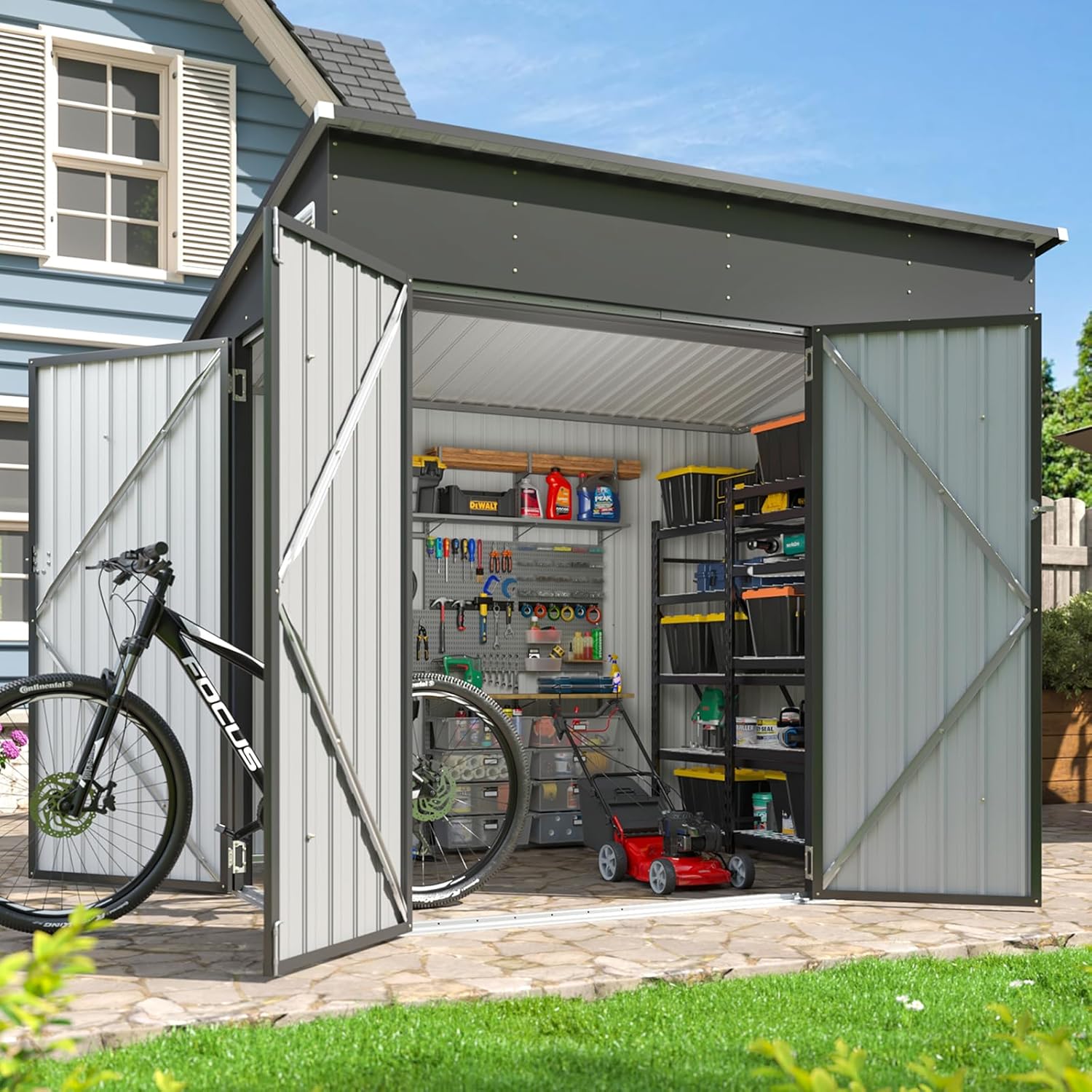 Aoxun 7.5'x4' Triple Door Shed Outdoor Storage Shed with Magnetic Sensor Light Three Door Metal Storage Cabinet with Slopping Roof for Tools Bicycles Storage for Garden, Backyards (Black)