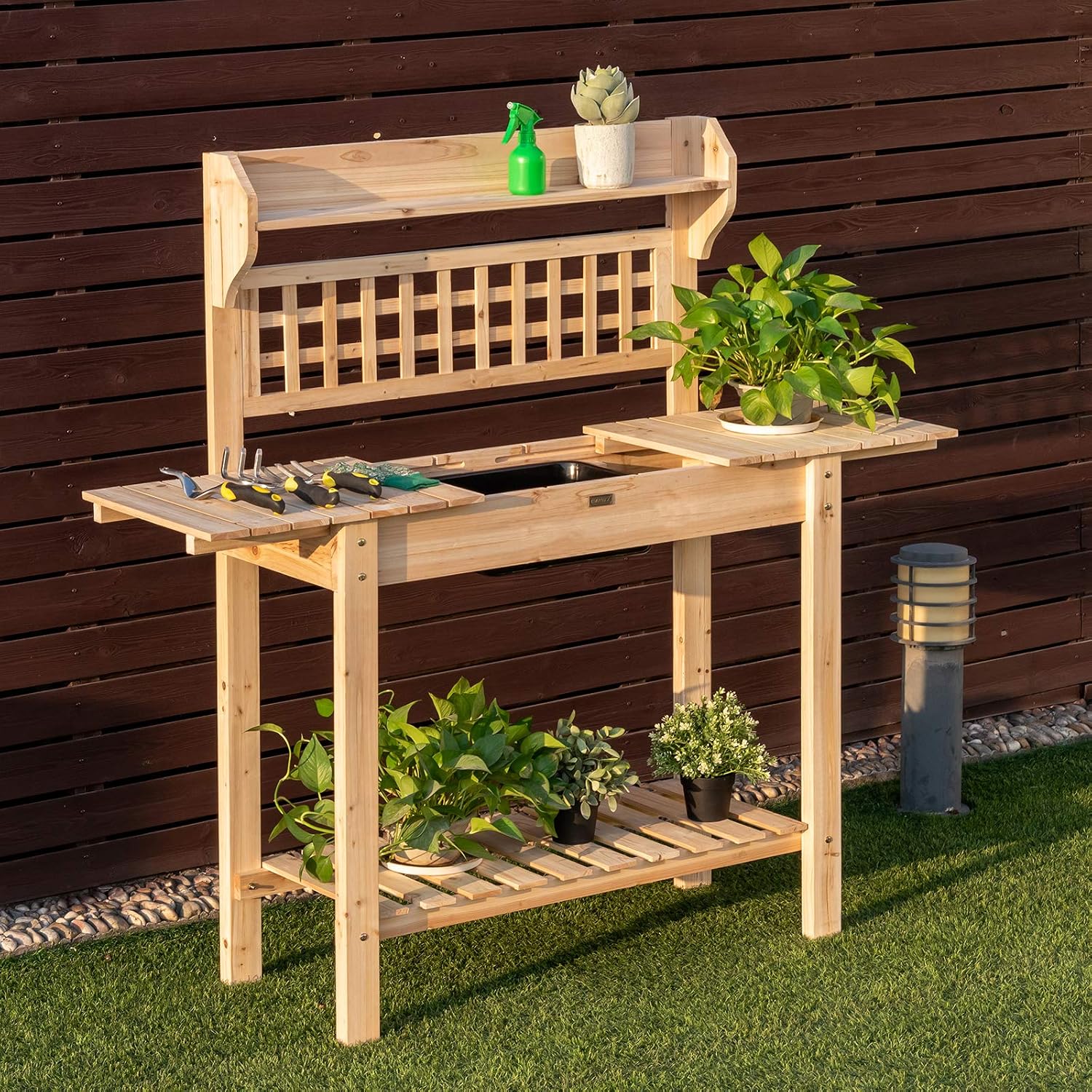 Giantex Garden Potting Bench, Outdoor Wood Work Table w/Sliding Tabletop, Planter Bench Work Station w/Removable Sink & Storage Shelves for Backyard Patio Balcony, Natural
