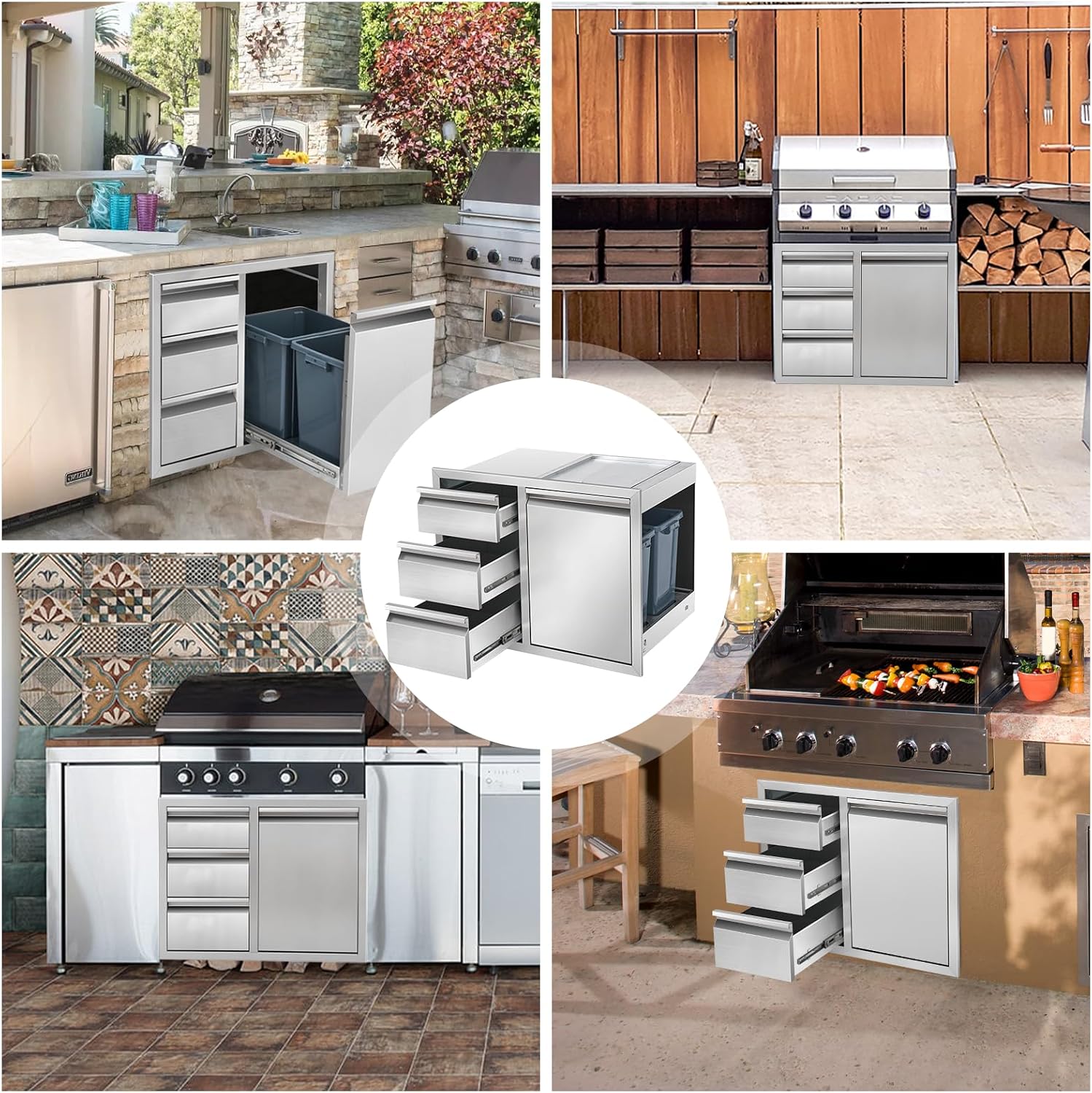 Outdoor Kitchen Drawer Combo Cabinet Stainless Steel Triple Drawers & Trash Drawer with 2 Trash Cans, 28' W x 22' H x 19.5' D Outdoor Kitchen Cabinets for BBQ Grill Station