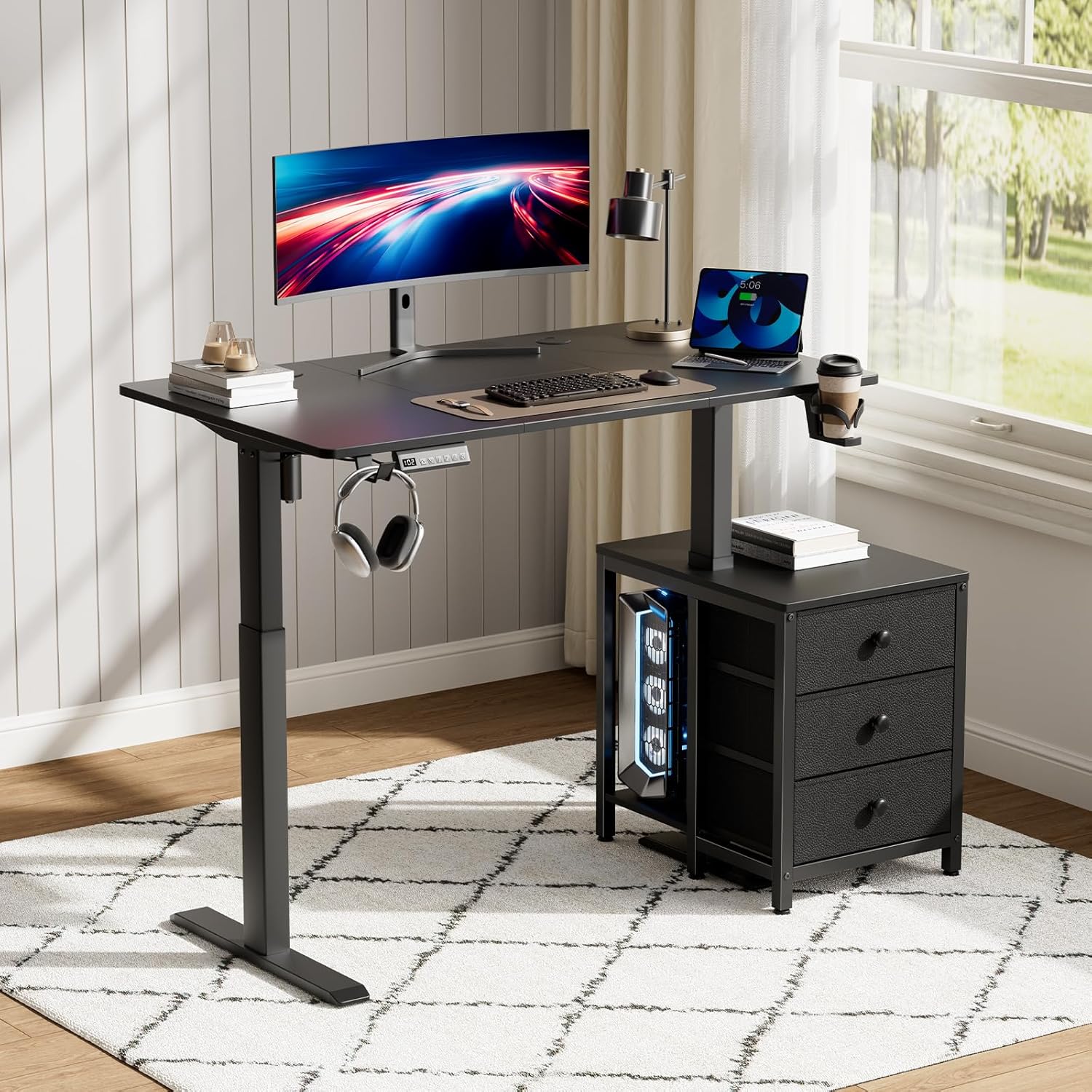 REAHOME Electric Standing Desk with Drawers, 47 x 24 Inches Height Adjustable Sit Stand Desk with Storage, 3 Memory Preset Home Office Computer Desk, Printer Cabinet, 2 Hooks, Cable Management, Black
