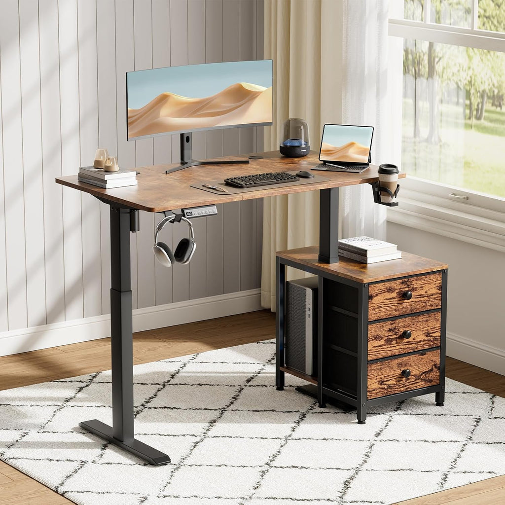 REAHOME Electric Standing Desk with Drawers, 47 x 24 Inches Height Adjustable Sit Stand Desk with Storage, 3 Memory Preset Home Office Computer Desk, Printer Cabinet, Cable Management, Rustic Brown