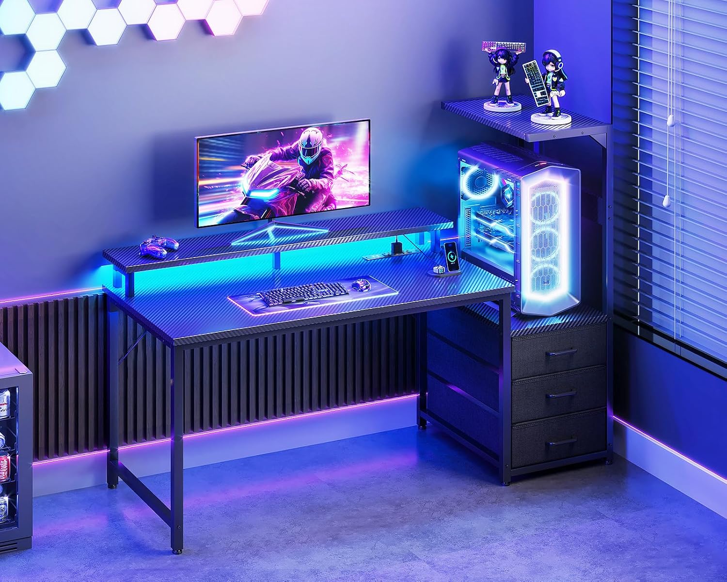 Casaottima 52 Inch Gaming Desk with USB Charging Ports & LED Light - Reversible Computer Desk with 3 Fabric Drawers, Monitor Stand, CPU Stand, Modern Office Desk, Black