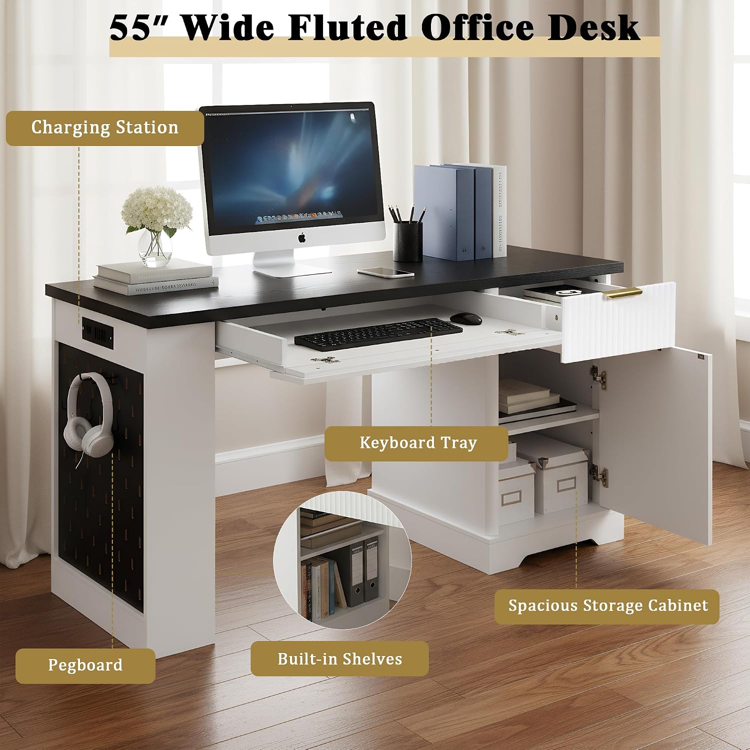 RiteSune 55' Office Desk with USB Charging, Fluted Computer Desk with Pegboard, Convertible Keyboard Tray & Adjustable Storage Cabinet, Modern Home Office Desk