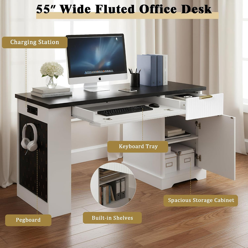 55' Modern Fluted Office Desk with Storage Cabinet & Drawers, Computer Writing Desk with Power Outlet, Pegboard, Built-in Shelves and Keyboard Tray for Study, Living Room, Home Office (White)
