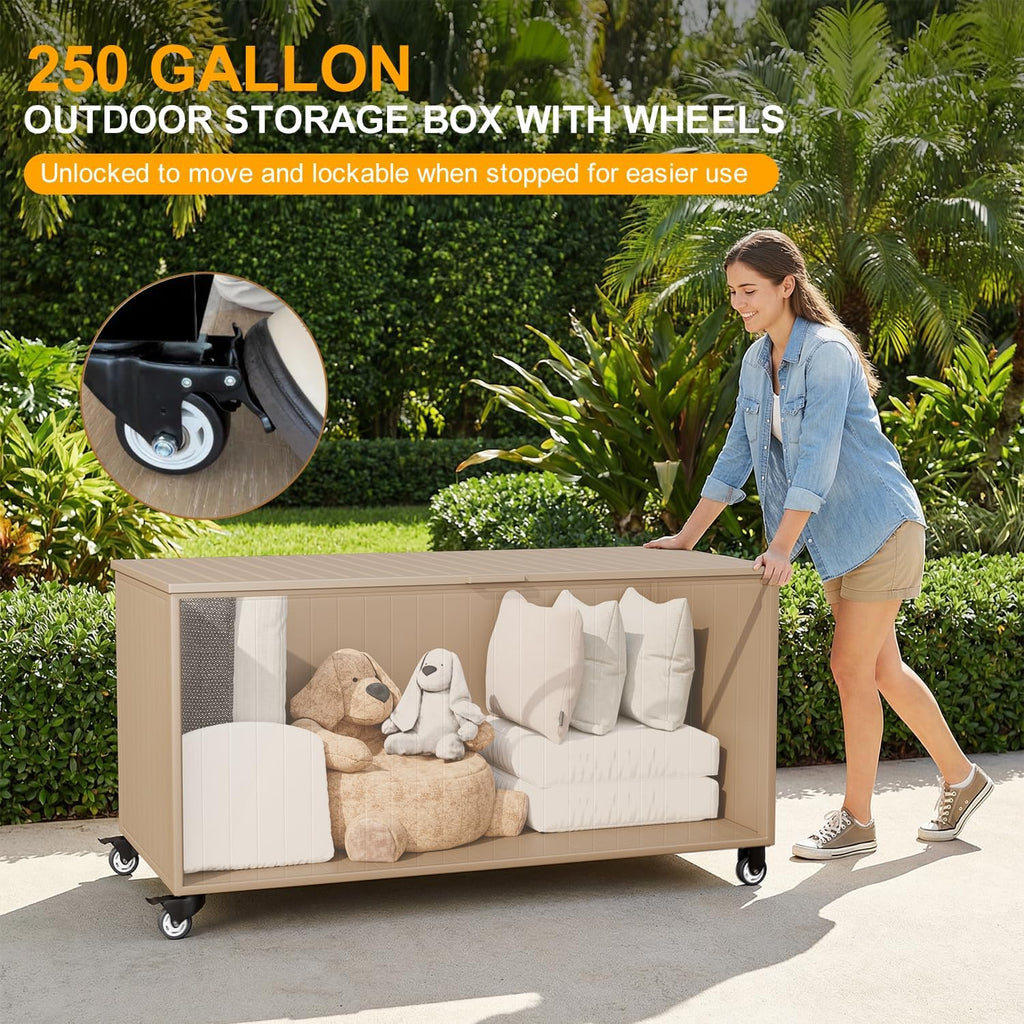 Outdoor Storage Box with Wheels 250 Gallon, Metal Deck Boxes Waterproof, UV Resistant Patio Storage Box with Lid for Patio Furniture, Garden Tools,Outdoor Cushion (Brown)