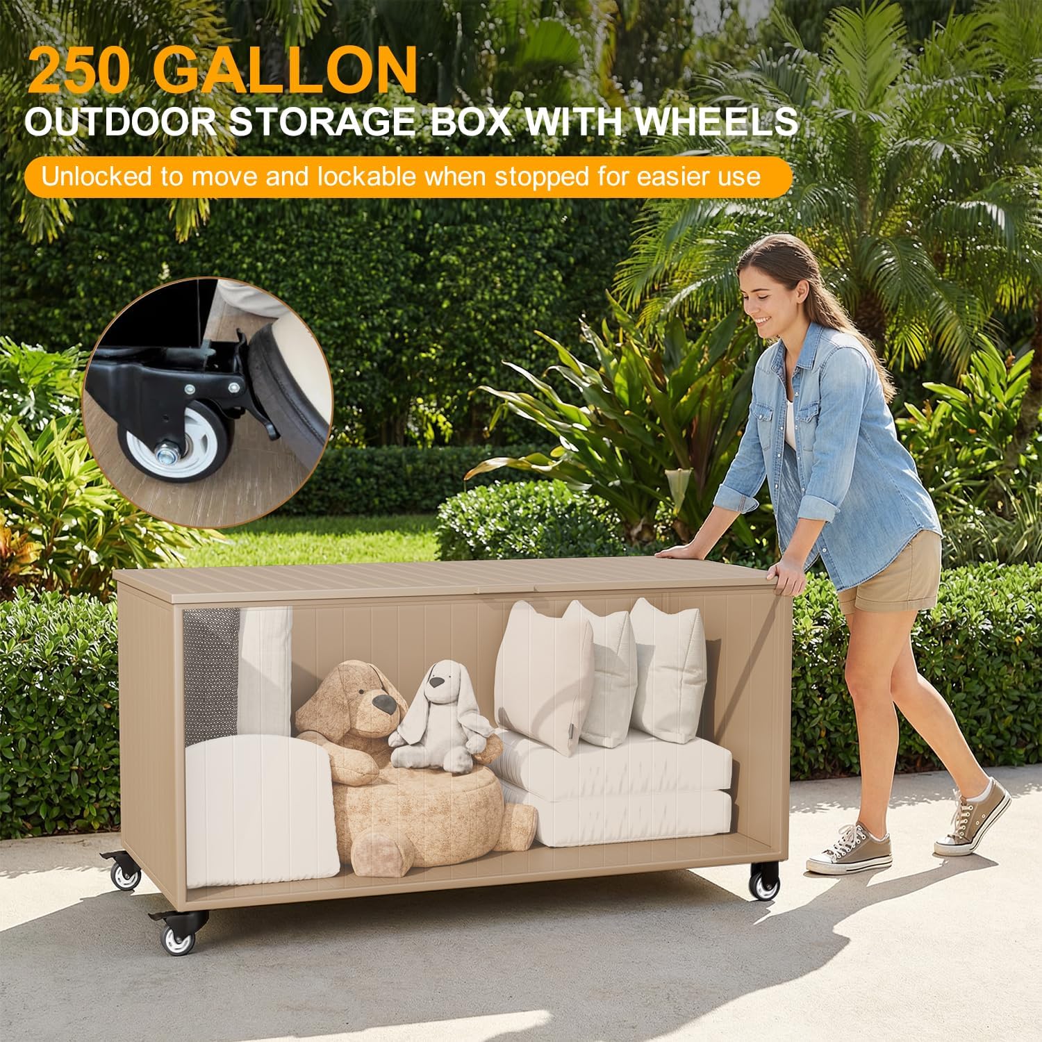 Outdoor Storage Box with Wheels 250 Gallon, Metal Deck Boxes Waterproof, UV Resistant Patio Storage Box with Lid for Patio Furniture, Garden Tools,Outdoor Cushion (Brown)