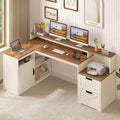 TVU Farmhouse L Shaped Desk with Drawers, 62.2' Home Office Desk with Storage Shelves and Power Outlet, L Shaped Computer Desk with Monitor Stand and Printer Shelf, Brown and White