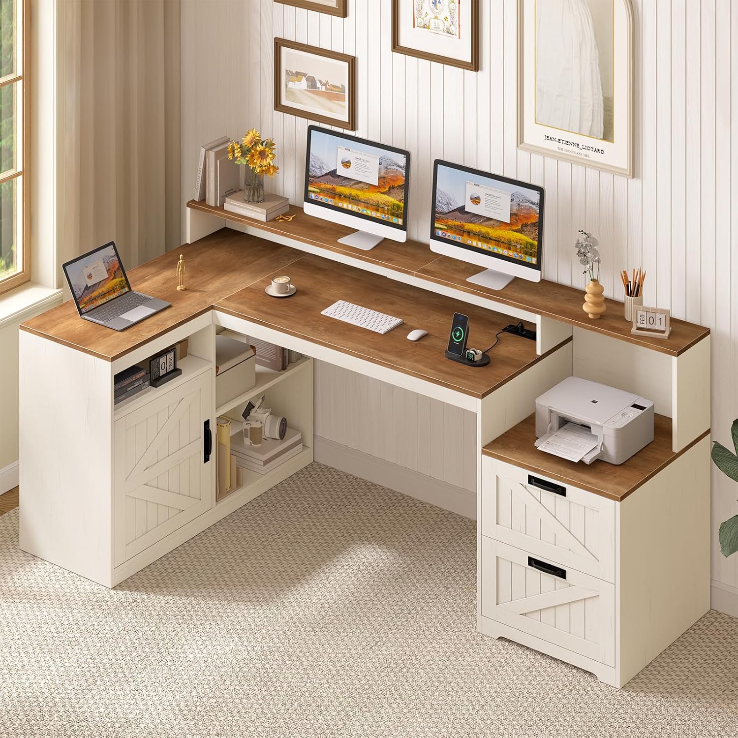 TVU Farmhouse L Shaped Desk with Drawers, 62.2' Home Office Desk with Storage Shelves and Power Outlet, L Shaped Computer Desk with Monitor Stand and Printer Shelf, Brown and White