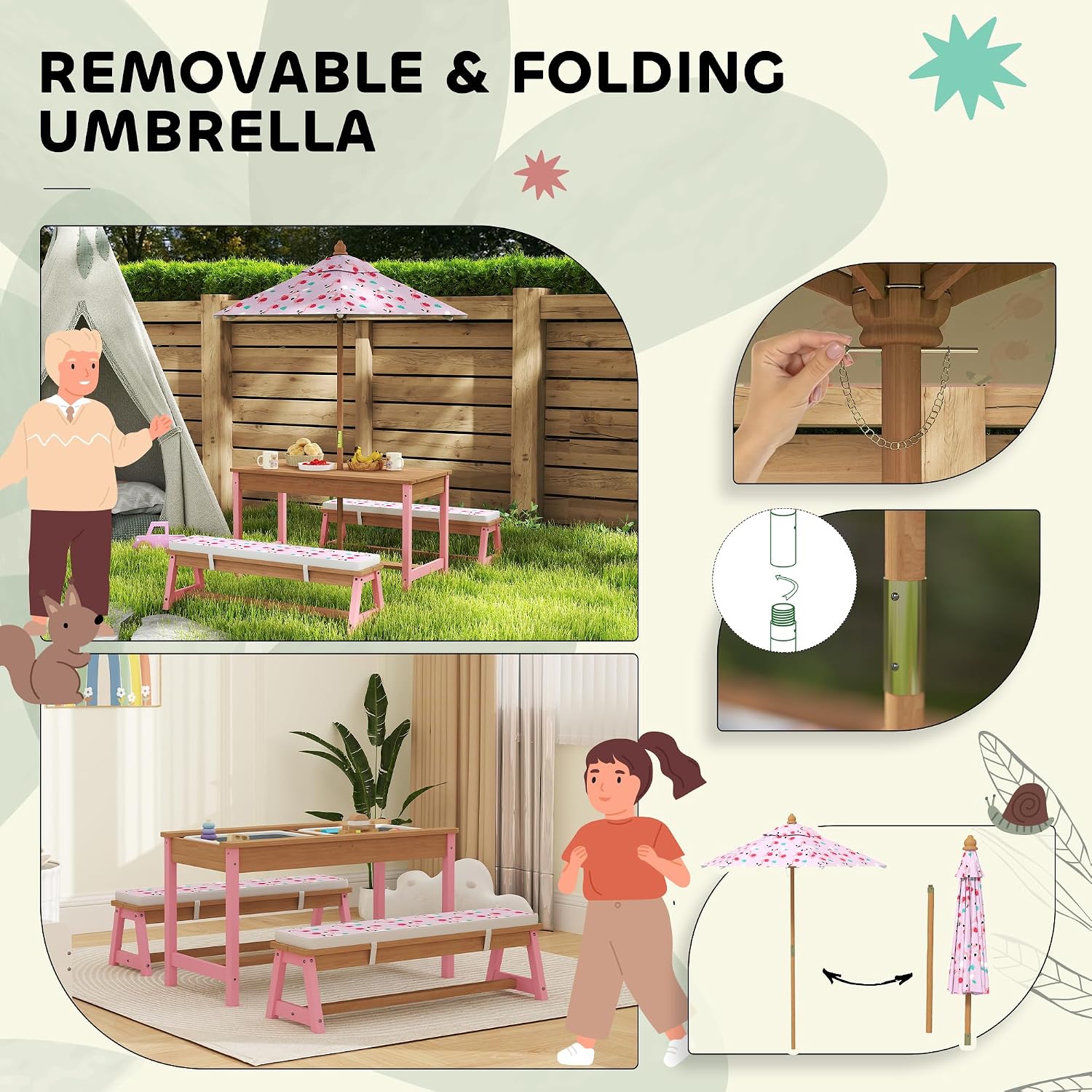 Qaba Kids Picnic Table, Wooden Table and Bench Set with Foldable Umbrella, Removable Cushions & Boxes, Flamingo Theme Children Activity Table Outdoor Furniture for Patio, Pink