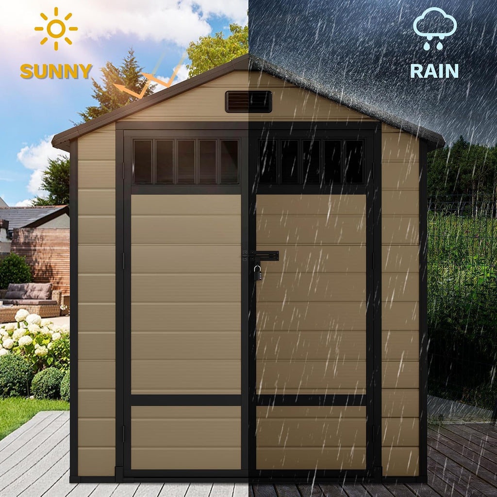DWVO Outdoor Storage Shed, All-Weather Resin Plastic Storage Shed with Windows, Slanted Roof, Raised Floor, Capacity for Garden Tools & Equipment, Ideal for Backyard & Garden