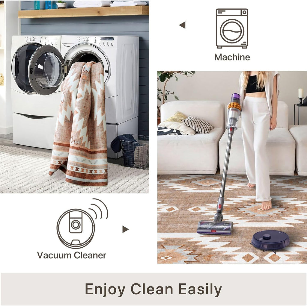 8x10 Area Rugs for Living Room, Non-Slip Backing Washable Rug 8x10, Western Large Area Rug Soft Carpet for Bedroom Dining Room, Easy Clean, Durable, Low Pile Rug Under Table, Camel