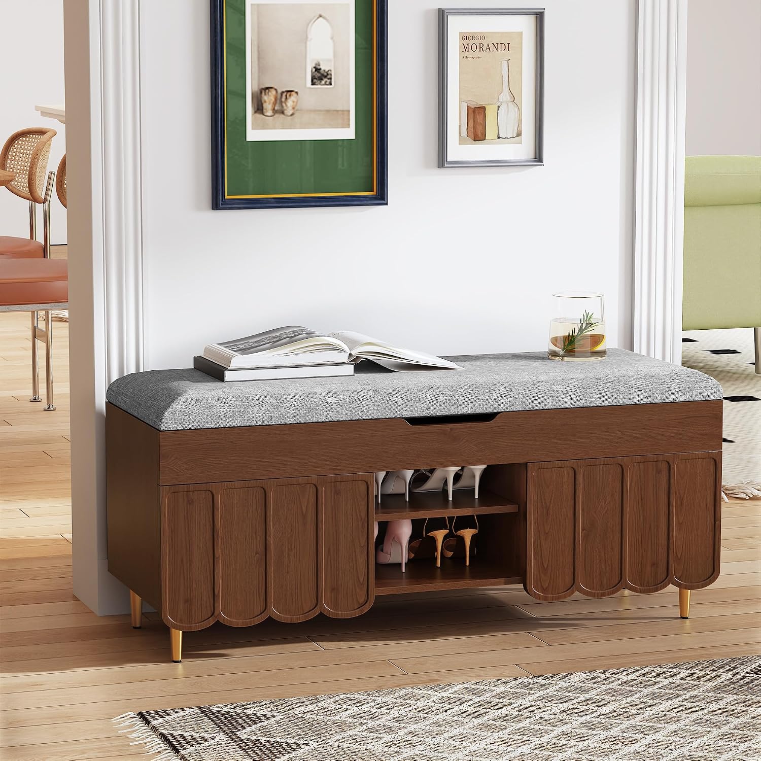 3More 40' Entryway Shoe Storage Bench,Upholstered Hidden Space Beneath Seat Cushion Bench,2-Tier Unique Geometric Shape with Wood Grain,Walnut