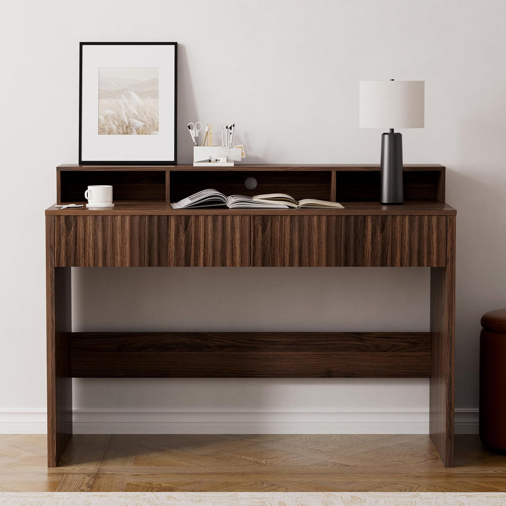 47' Executive Desk with Fluted Drawer, Modern Home Office Desk with Long Monitor Stand and 2 Drawers, Computer Writing Desk for Study Office Vanity, Brown