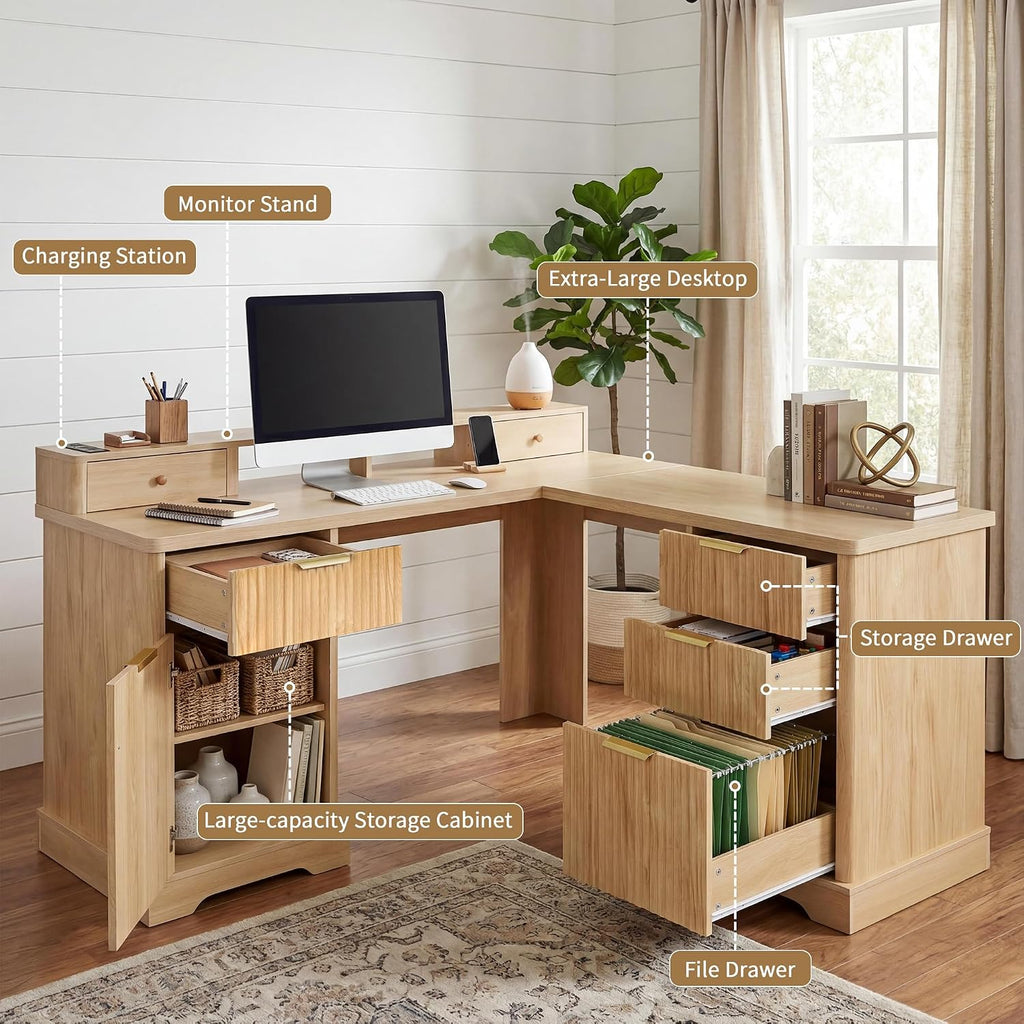 Fluted L Shaped Executive Desk with 6 Drawers & Monitor Stand, Home Office Computer Writing Desk with Power Outlets, File Drawer, Wood Corner Workstation Desk with Storage for Study, Bedroom(Natural)
