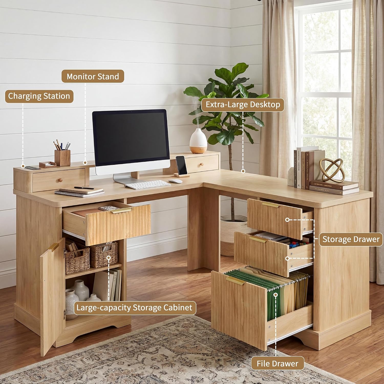 Fluted L Shaped Executive Desk with 6 Drawers & Monitor Stand, Home Office Computer Writing Desk with Power Outlets, File Drawer, Wood Corner Workstation Desk with Storage for Study, Bedroom(Natural)