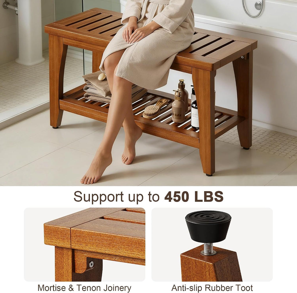 30' Premium Solid Teak Shower Bench with Storage Shelf - 450 lbs Capacity, Waterproof & Non-Slip Seat for Bathroom, Poolside, Spa