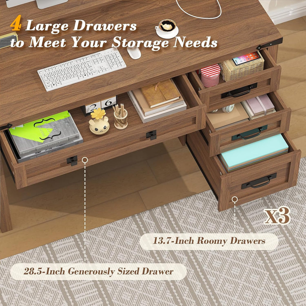 YOMILUVE Farmhouse Executive Desk with Drawers, 47' Computer Desk with Power Outlets, Home Office Desk with Monitor Stand & 4 Drawers, Small Desk Writing Study Table, Brown