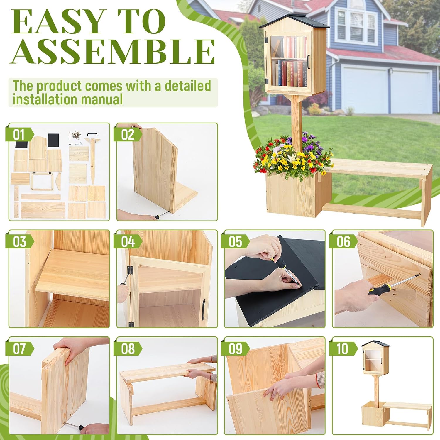 Wonderjune Little Library Box Outdoor with Bench & Planter DIY Paintable Lending Free Library Solid Pine Wood Neighborhood Share Box Ground Mount Kit for Yard Garden Community School(Wood)
