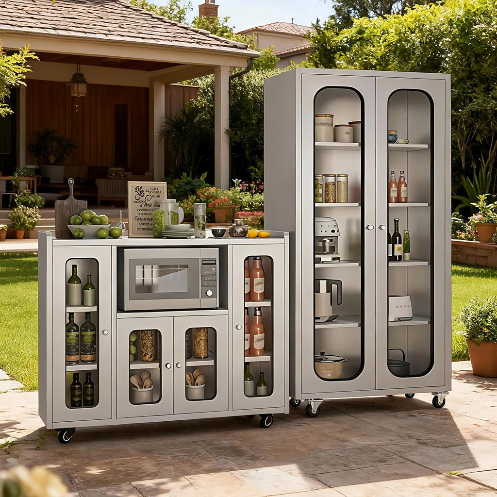 ZZV 68' Tall Stainless Steel Storage Cabinet with Wheels, Fully Assembled 5-Tier Kitchen Pantry Cabinet with Glass Doors for Garage, Utility Room, Laundry Room, Restaurant, Cafe, and Outdoor