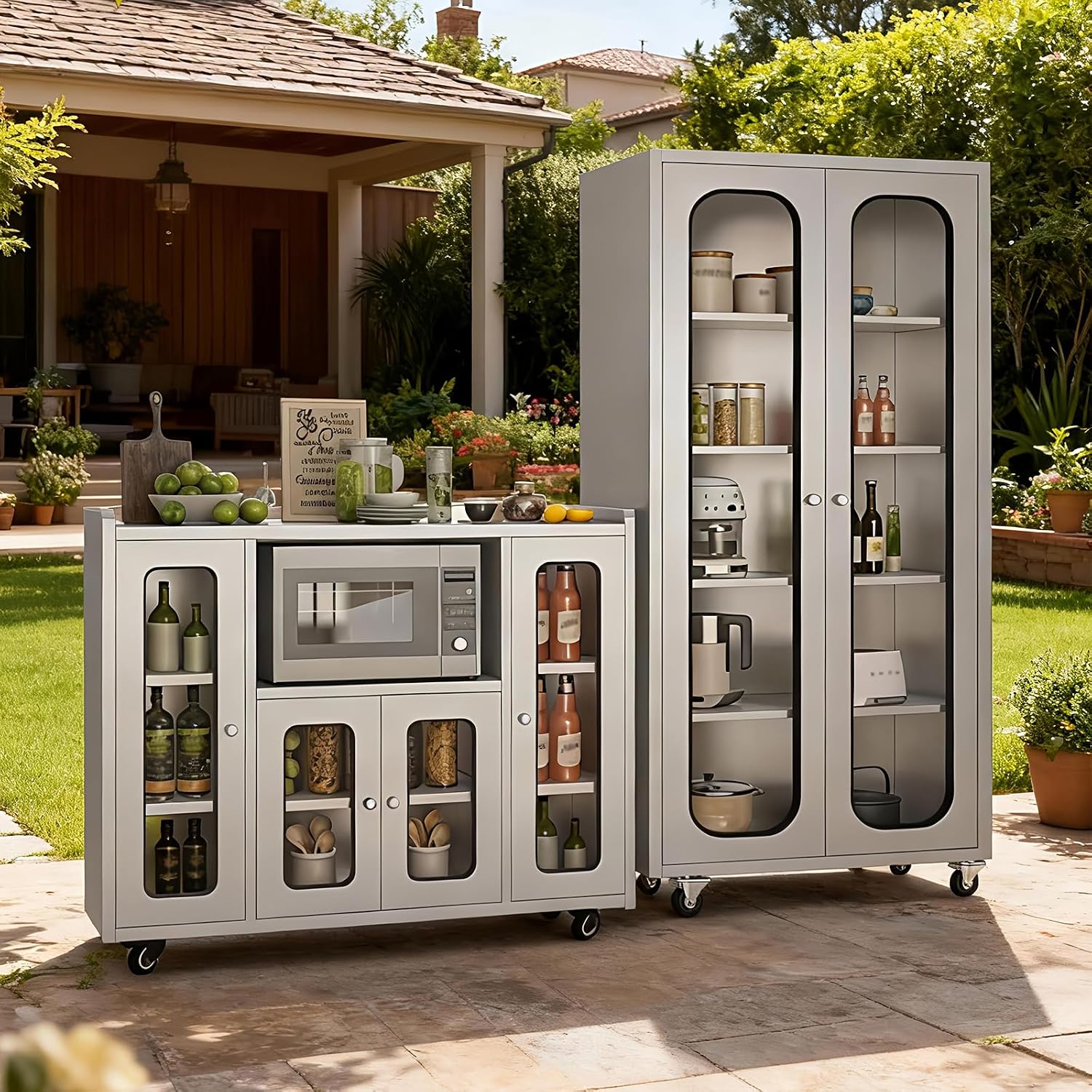 ZZV 68' Tall Stainless Steel Storage Cabinet with Wheels, Fully Assembled 5-Tier Kitchen Pantry Cabinet with Glass Doors for Garage, Utility Room, Laundry Room, Restaurant, Cafe, and Outdoor