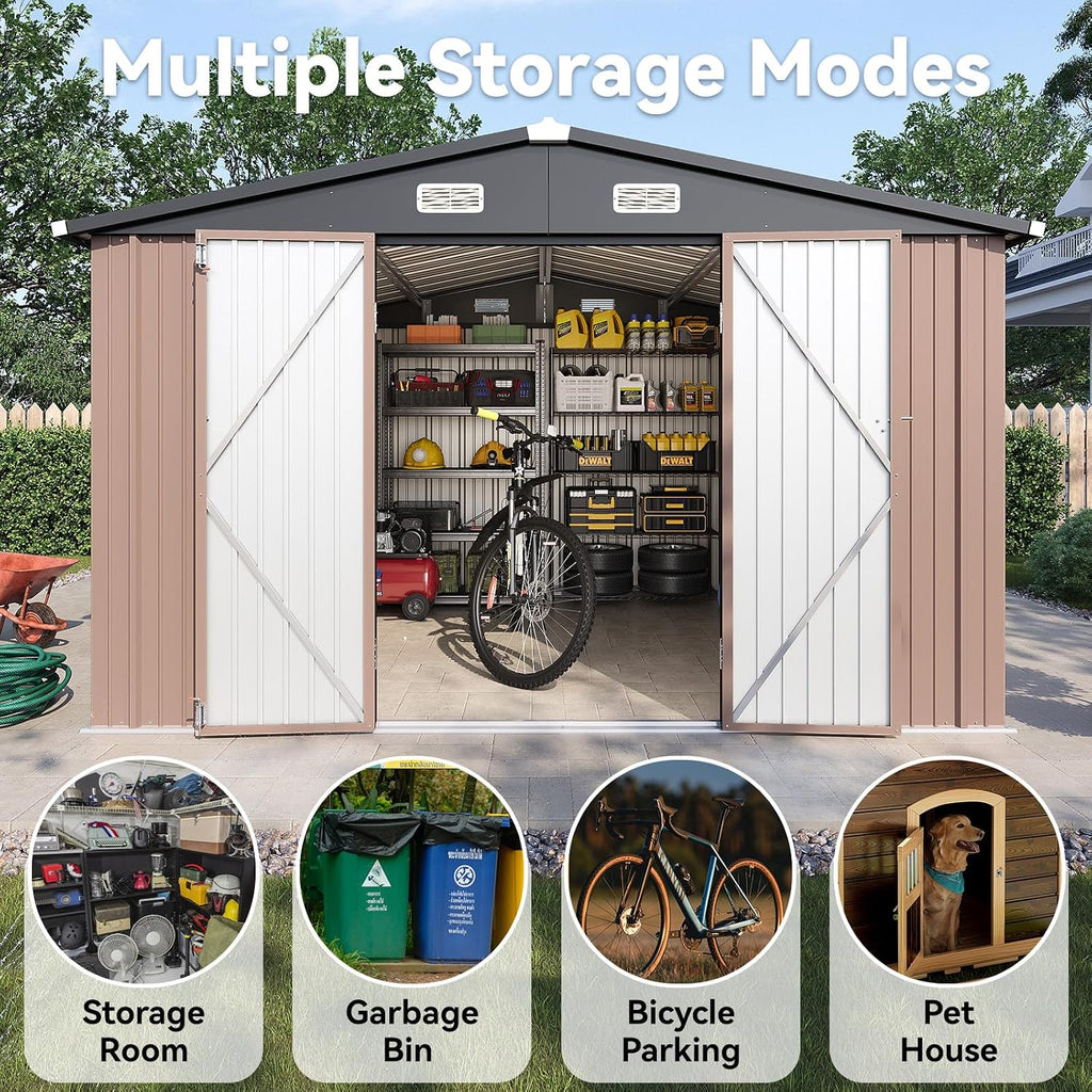 10x8FT Outdoor Storage Shed, Metal Garden Shed with Lockable Double Doors & Sloping Roof, Weather-Resistant Tool Shed for Backyard, Patio, Poolside Brown