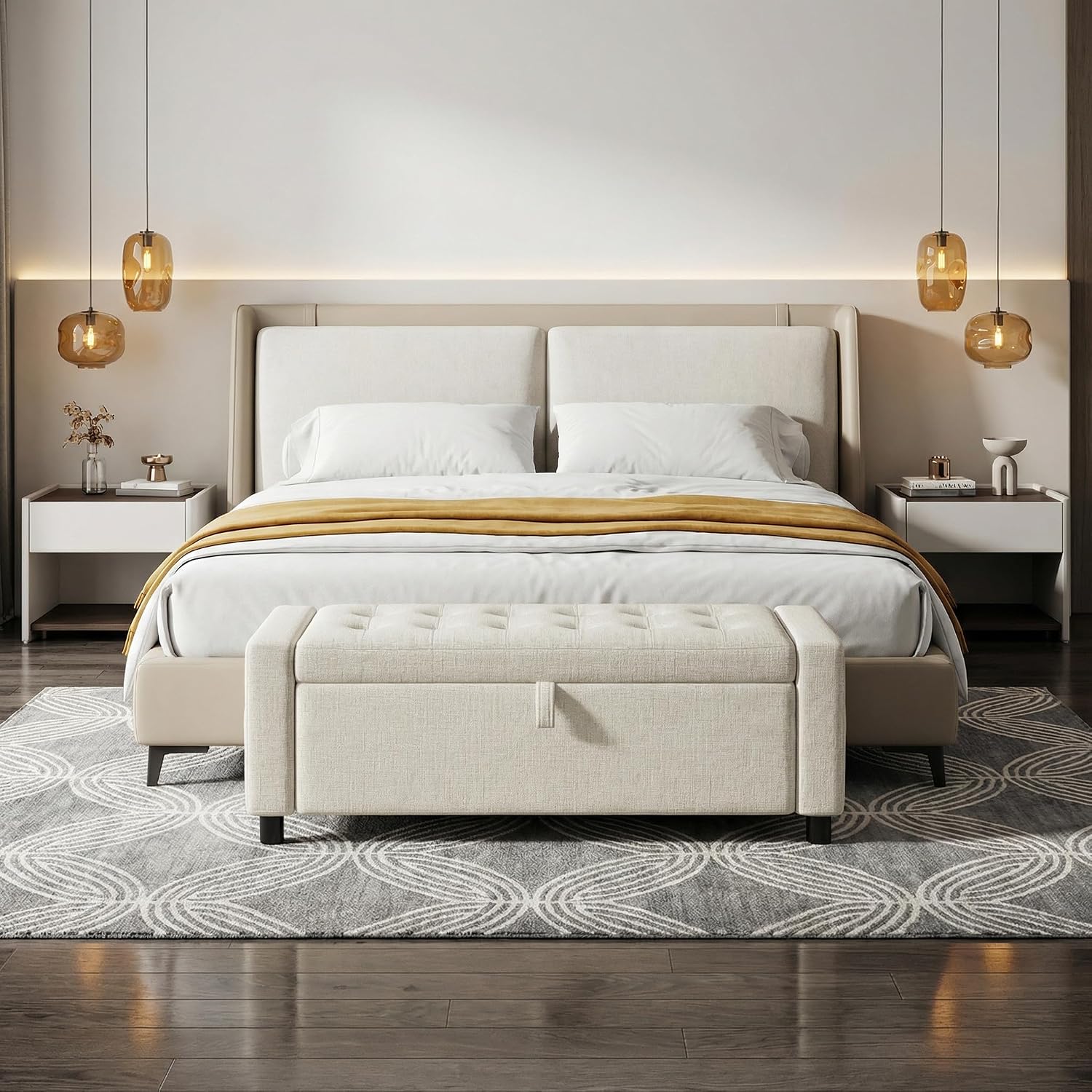 Amada 46' Storage Ottoman Bench with Safety Hinge, Hidden Compartment & Side Pocket - Upholstered End of Bed/Entryway Bench for Bedroom & Living Room, 400 lbs Weight Capacity, Beige