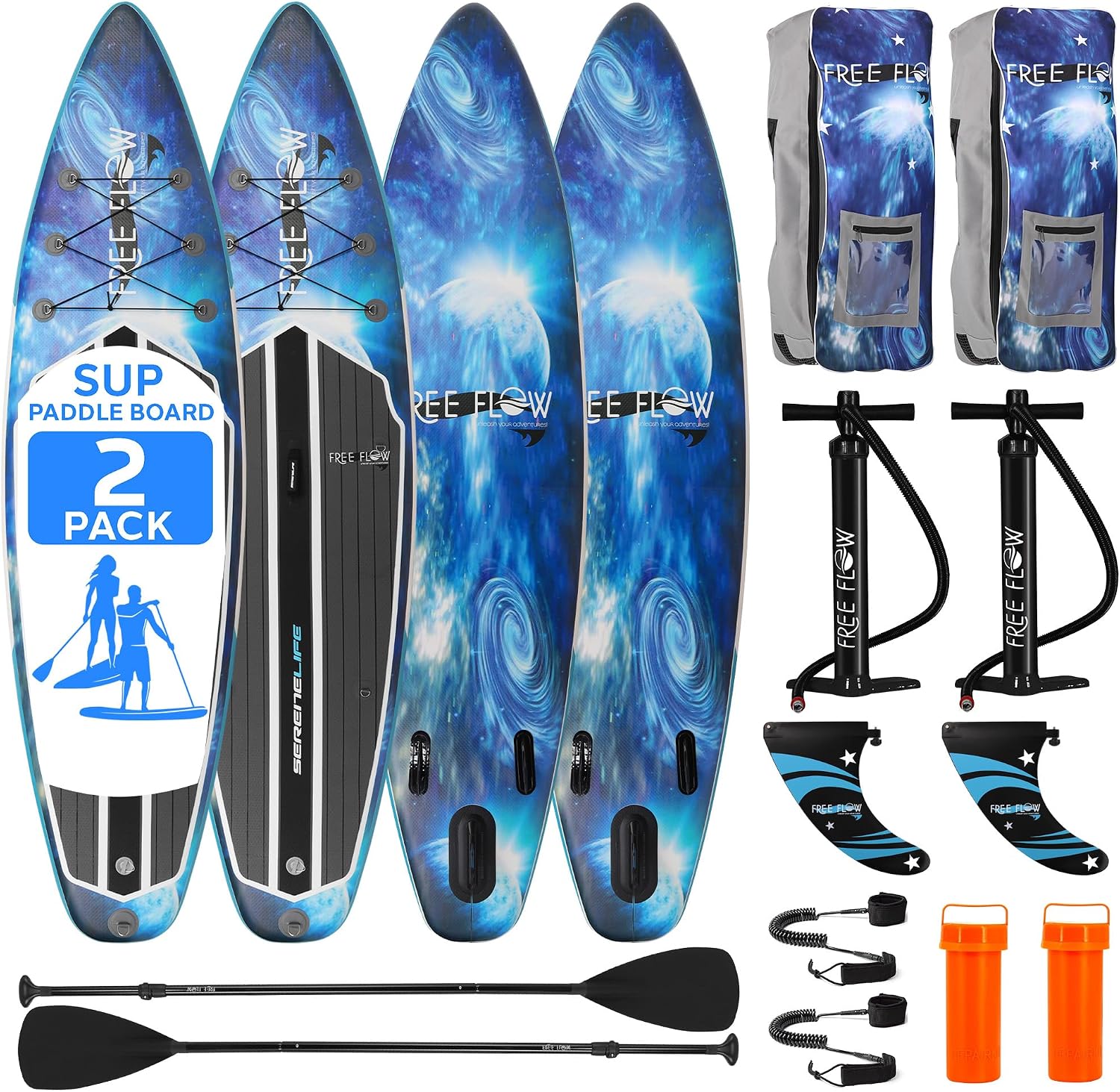 SereneLife Set of 2 Inflatable Stand Up Paddle Boards with Premium Accessories – SUP Pair with 32' Wide Stable Design, Non-Slip EVA Deck Pad for Adults and Youth of All Skill Levels, 350 lbs Capacity