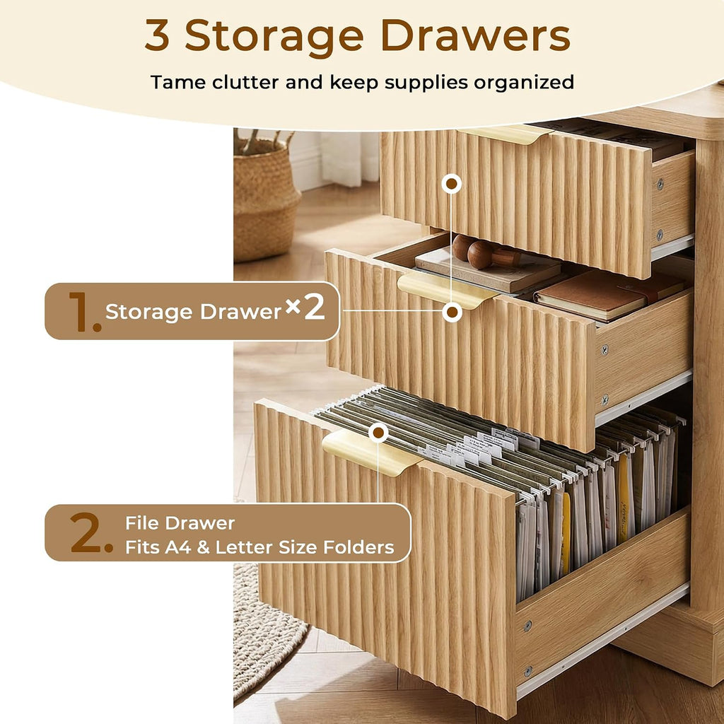 Fluted L Shaped Executive Desk with 6 Drawers & Monitor Stand, Home Office Computer Writing Desk with Power Outlets, File Drawer, Wood Corner Workstation Desk with Storage for Study, Bedroom(Natural)