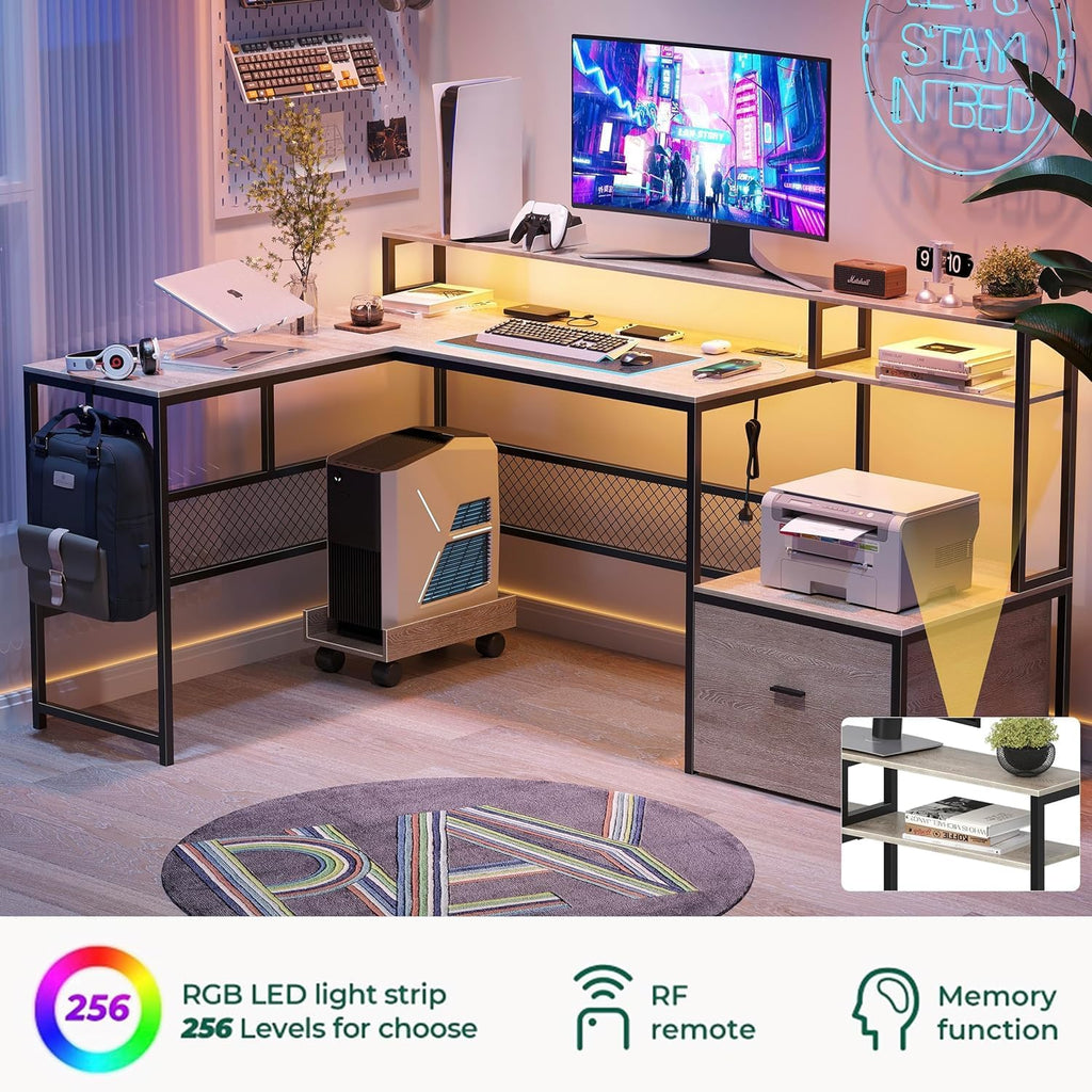 L Shaped Desk with Drawers, 66' Home Office Desk with Power Outlet and Led Strip, Reversible Computer Desk with Storage Shelves & Monitor Stand, Large Corner Desk Gaming Desk, Black